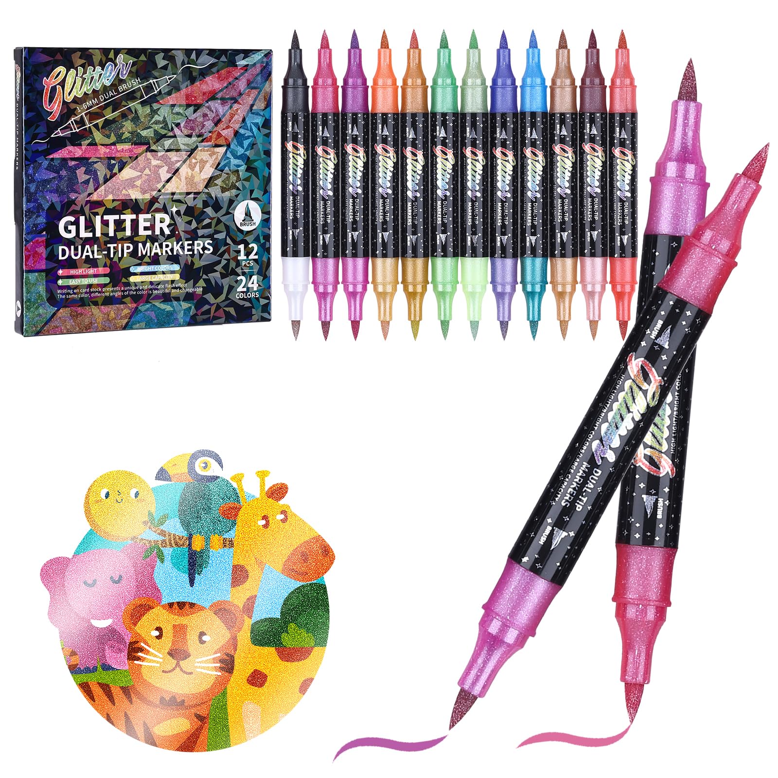 KEMYR Set de rotuladores con purpurina 24 colores doble punta rotuladores de fieltro con purpurina pack de 12 marcadores metálicos con purpurina para tarjetas manualidades DIY doodling escritura