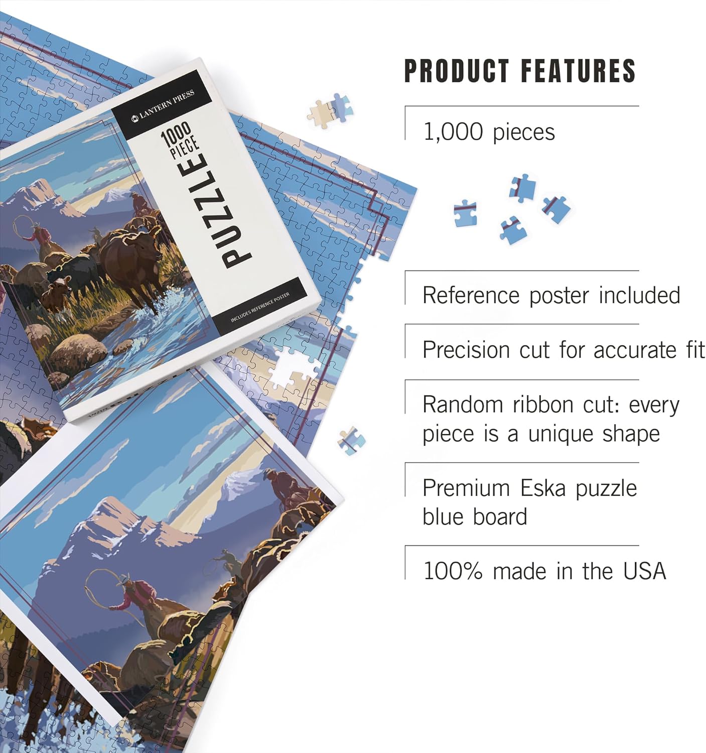 Lantern Press Cowboy Cattle Drive Scene 1000 Piece Jigsaw Puzzle for Adults, Made in USA with Reference Poster