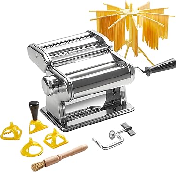 ROSSETTO Manual Pasta Maker with Dough Dryer - Stainless Steel Pasta Maker with 9 Adjustable Thicknesses, 2 Cutting Widths - Lasagna, Spaghetti, fettuccine - Ravioli