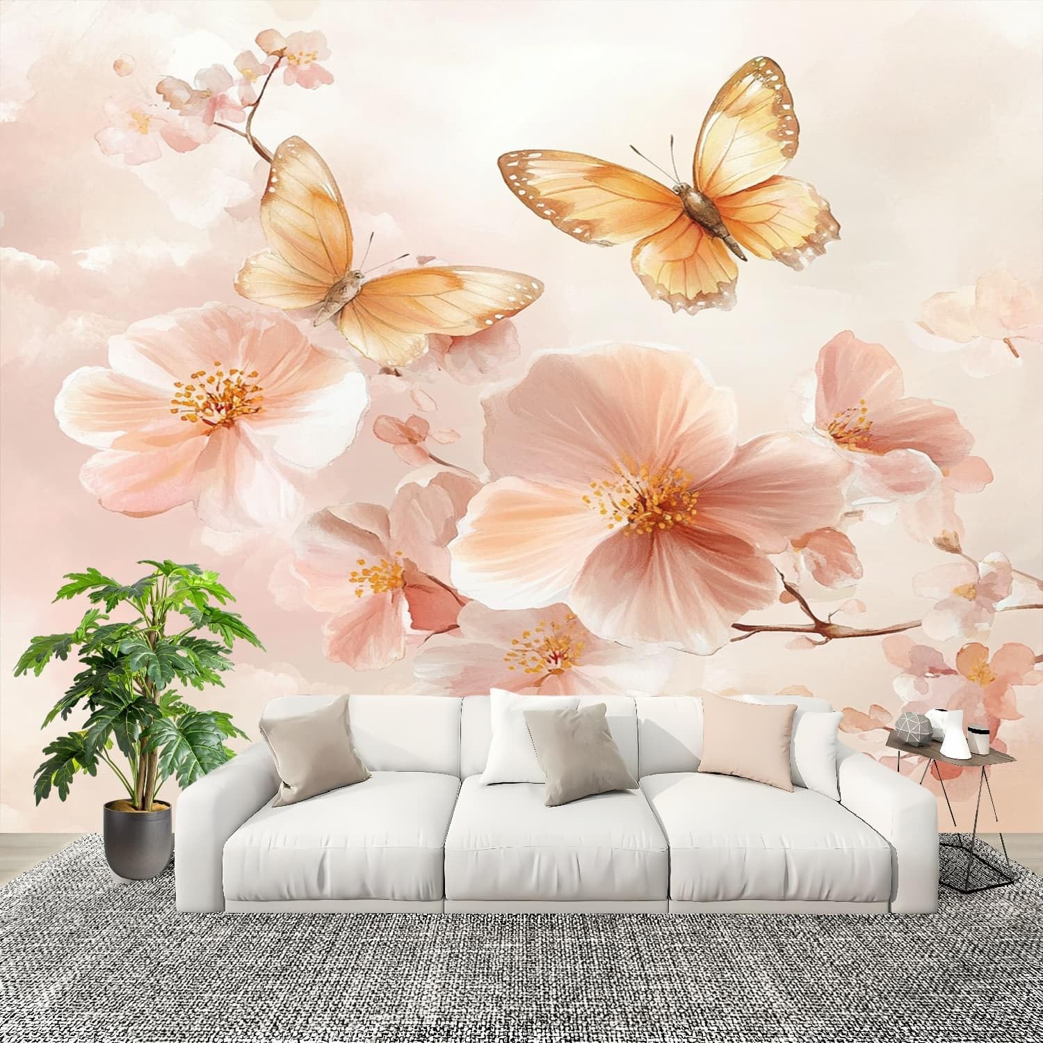 Papier peint intissé fleurs et papillons 250x175 cm pour décoration murale panoramique