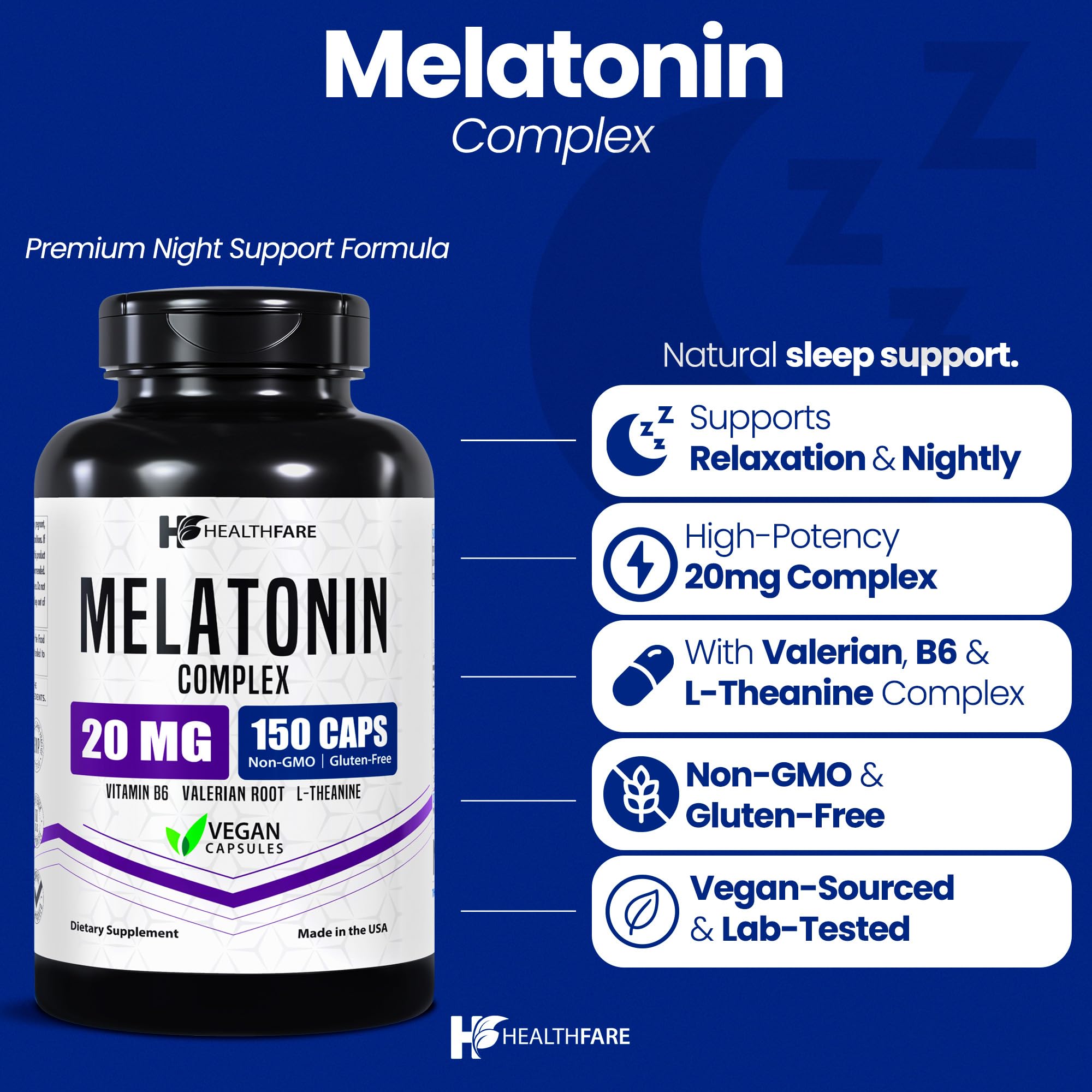 Healthfare Melatonin 20mg | 150 Veg Capsules | Complex with L-Theanine | Valerian Root & Vitamin B6 | Vegetarian Formula | Non-GMO | Gluten-Free | Made in The USA — Amazon image 2