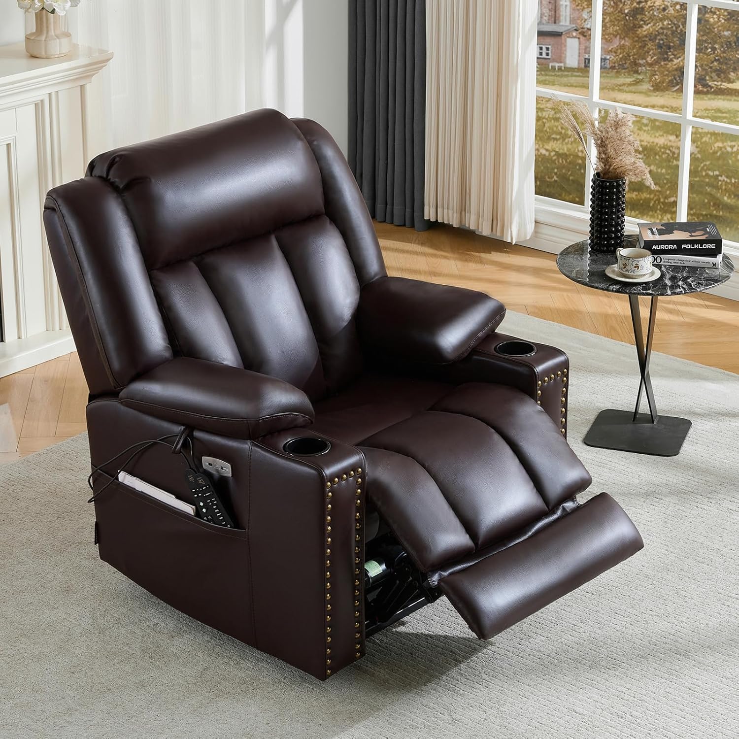 EONIX Retro Dual Motor Power Lift Recliner Chair for Elderly, 400lbs Heavy Duty Big and Tall Lay Flat Lift Chair with Heat and Massage, Extended Footrest, Cup Holders, SLRY025063, Dark Brown