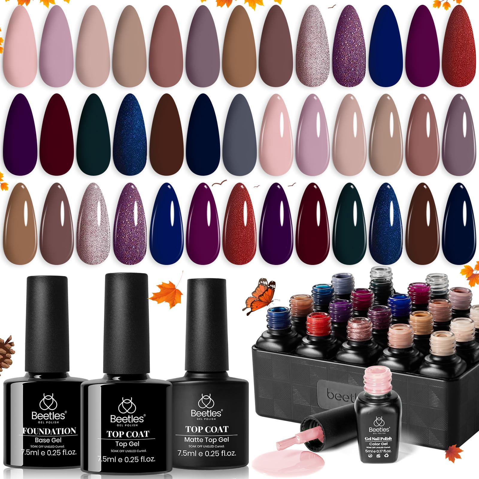 Beetles – Juego de esmaltes de uñas de gel, 20 colores nude con purpurina, borgoña, rojo, marrón, dorado, champán, esmalte de gel