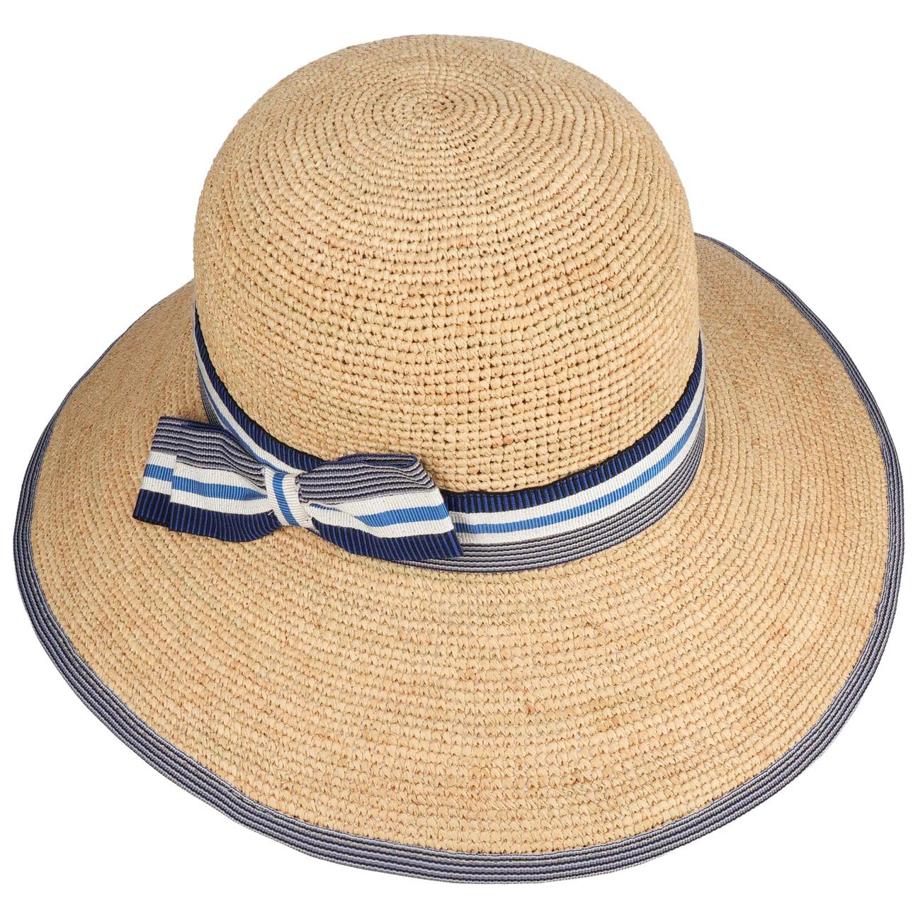 Mialina Crochet Raffiahut Glockenhut Schlapphut Sombrero de paja para mujer, sombrero de verano, sombrero de sol para mujer, hecho en Italia con forro, cinta de grogrén, primavera-verano