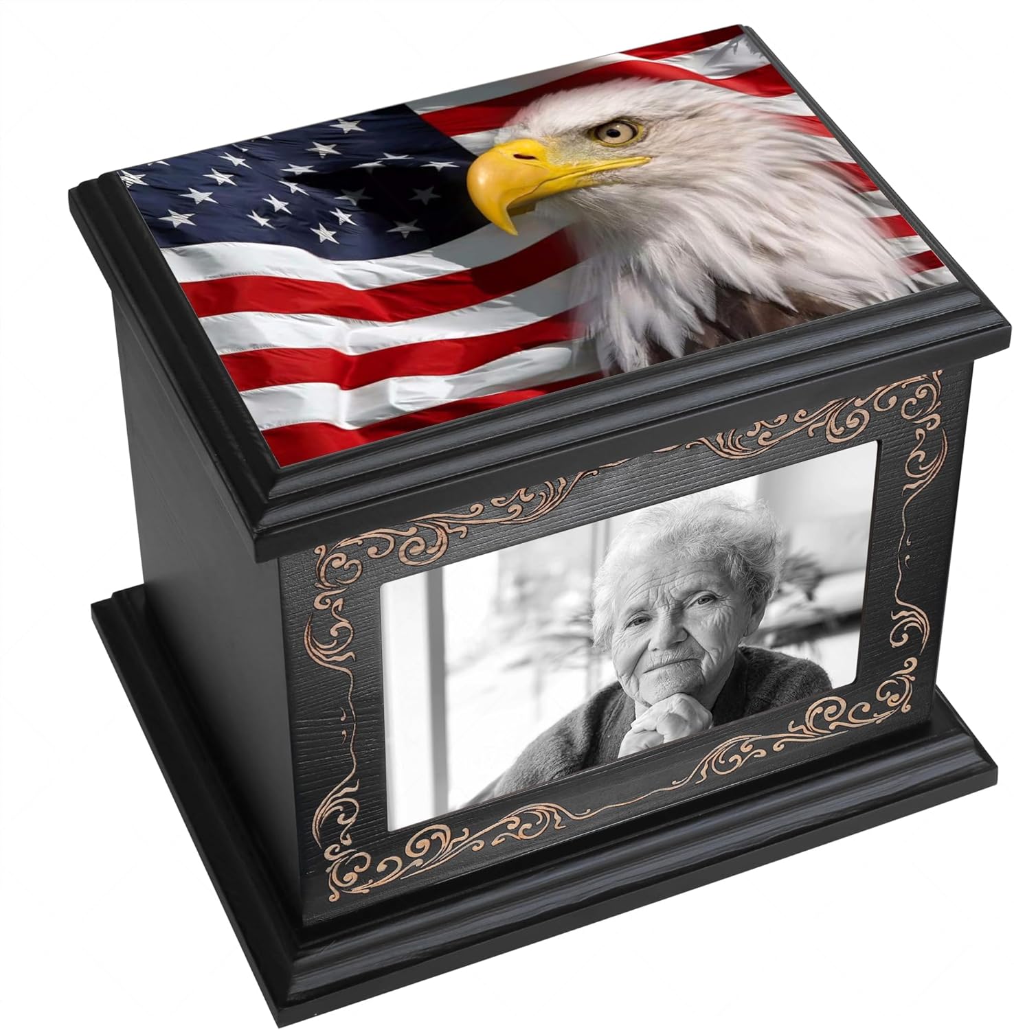 Cremation Urns for Human Ashes Adult Male or Female, Funeral Memorial Urns for Ashes with Photo Frame, Wooden Urns Box and Casket for Men Women, Burial Urn for Adults Up to 200 IBS, Black