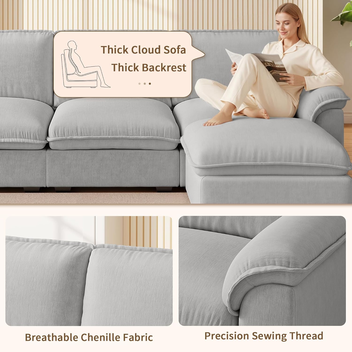102" L Shaped Modern Sofa Modular Sectional Cloud Couch with Ottoman, 4-Seat Chenille Deep Seat Sofa with Pillow for Living Room, Apartment & Office (102"-Gray)