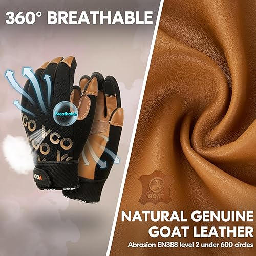 Miniatura 2 de Vgo... Guantes de trabajo de piel de cabra para hombres, guantes de jardinería de cuero, guantes de mecánico ligeros, guantes de trabajo de