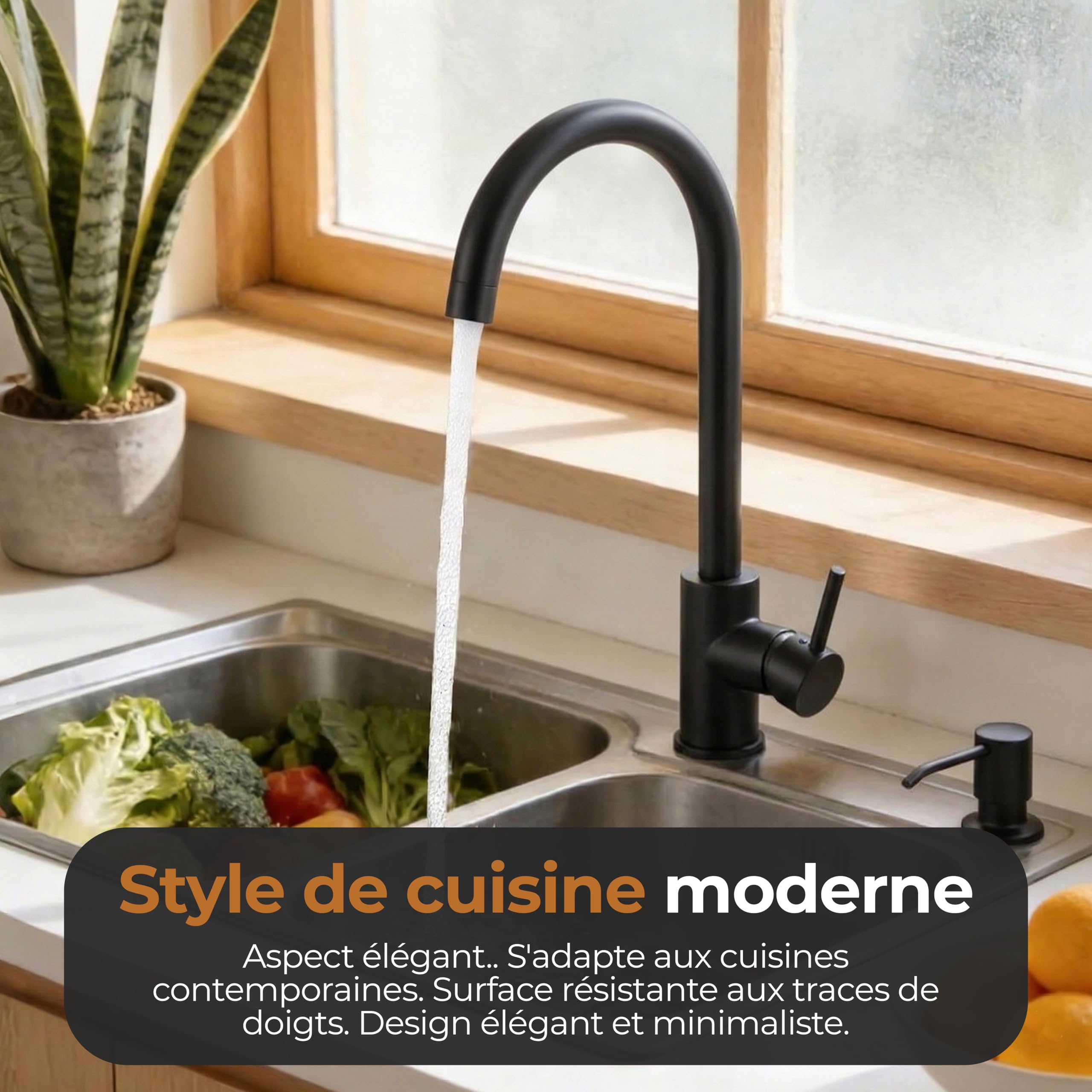 MELTA. Robinet Cuisine Pivotant 360° – Mitigeur Évier Arc Élevé en Acier Inoxydable, Robinet Cuisine avec Levier Unique, Robinet Évier Cuisine Moderne, Installation Facile (NOIR MAT) - 5