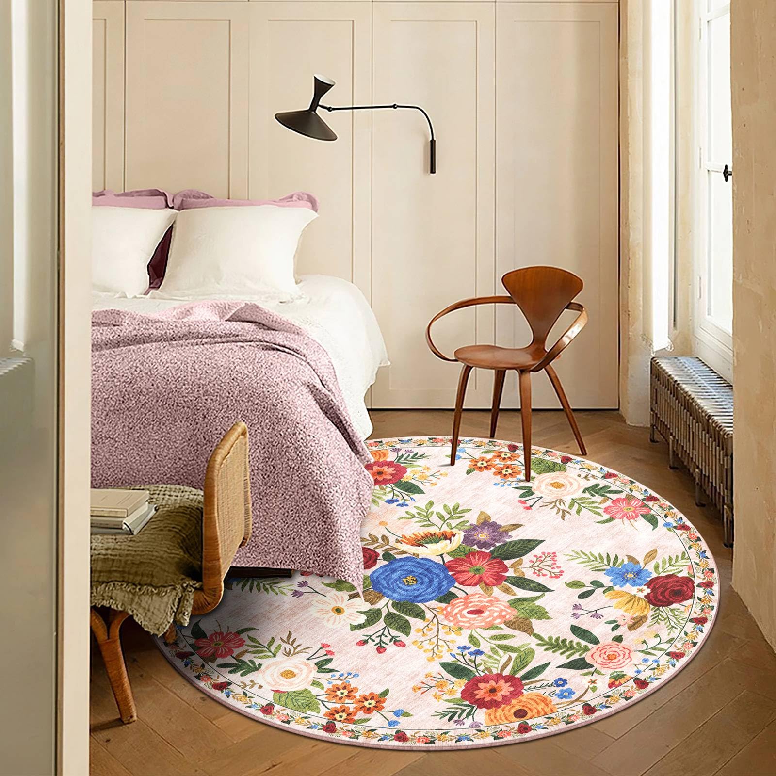 Tapis Rond 120cm Lavable Machine, Moquette Antidérapante Poil Bas Style Boho, Motif Floral Oriental Doux pour Salon, Chambre, Cuisine, Nursery, Bureau