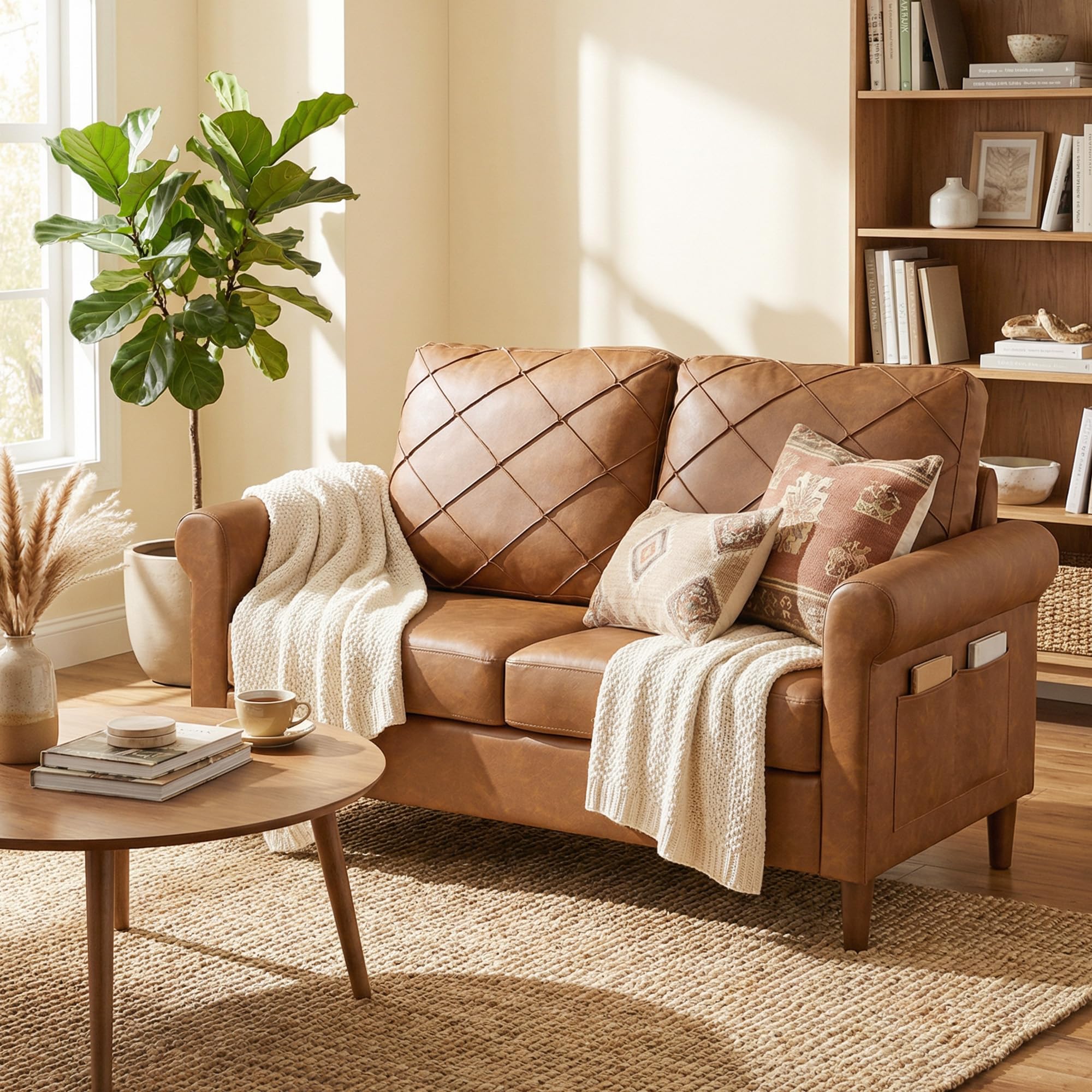 HOMCOM Sofá de 2 Plazas Sofá Moderno Tapizado en PU 134x71x82 cm Marrón | Cojín Grueso, Respaldo con Costuras, Asiento Amplio, Patas de Madera Maciza, Salón, Dormitorio, Oficina
