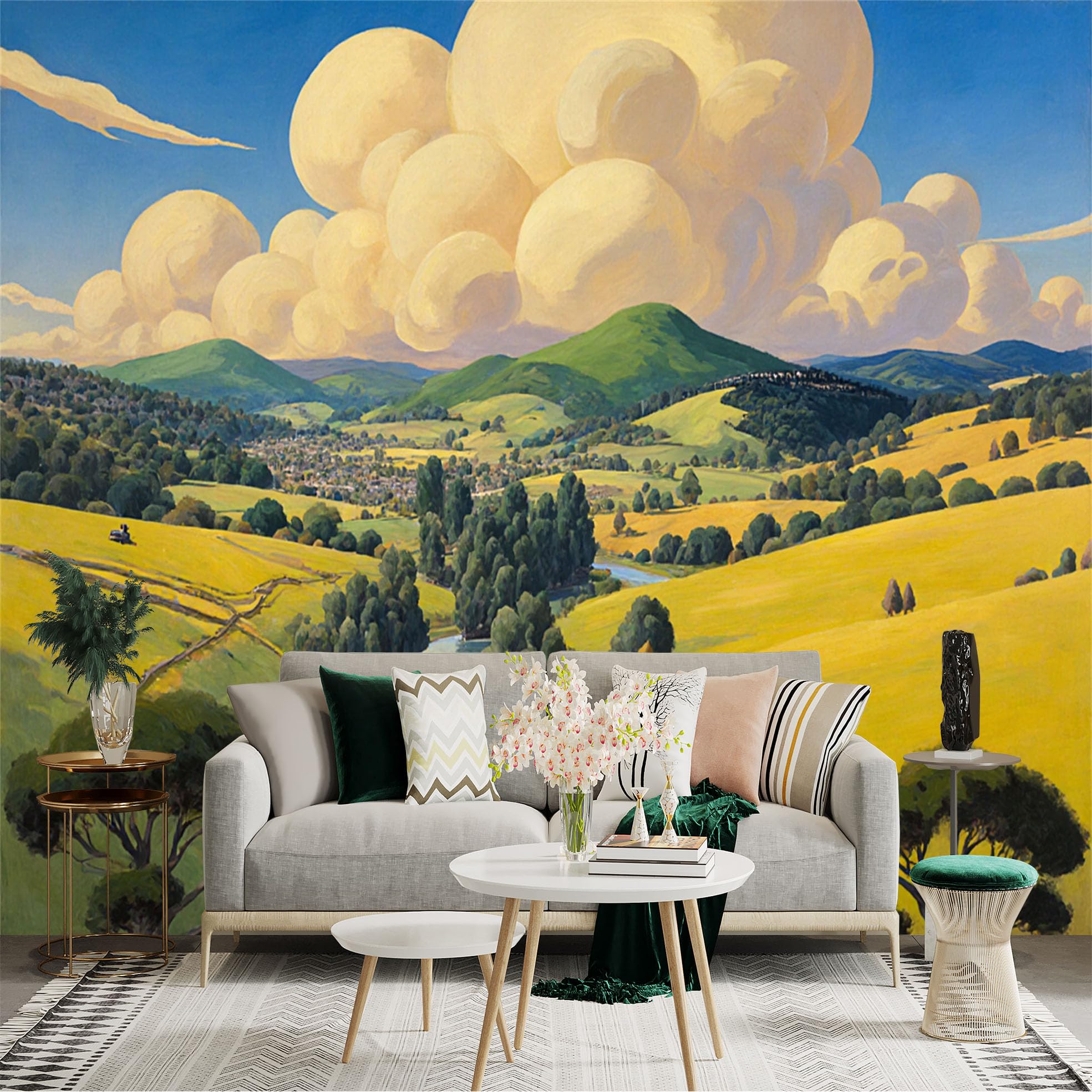 Custom Size Wall Sticker Mural， Sunny Countryside Landscape with River， Rolling Hills and Blue Sky， for wall Decoration， peelandstick wall Decals.