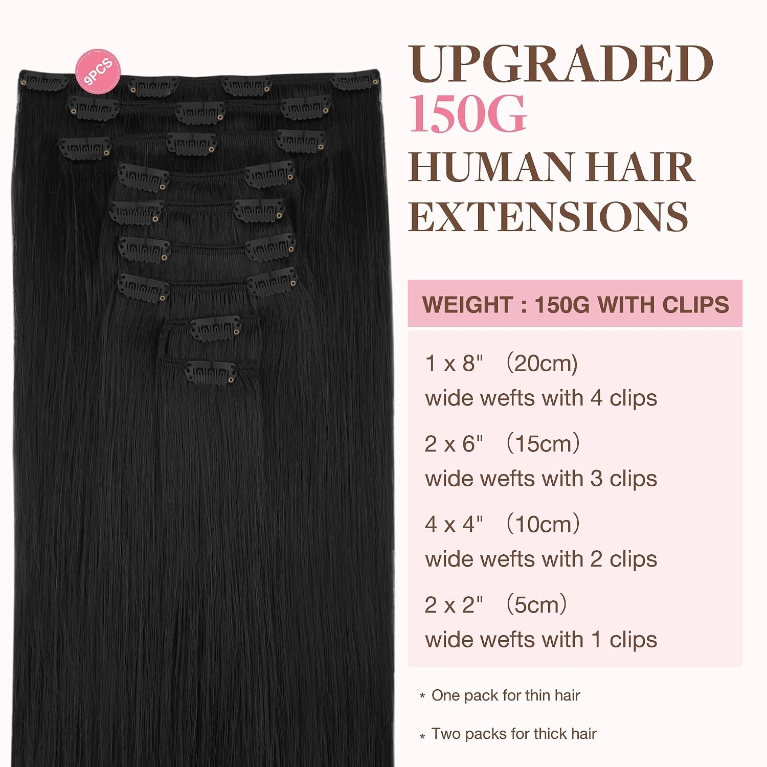 GOO GOO Clip in Hair Extensions Real Human Hair, Remy Human Hair Extensions Clip ins for Women, Natural Human Hair, 14inch 150g 9Pcs, 1 Jet black thumbnail