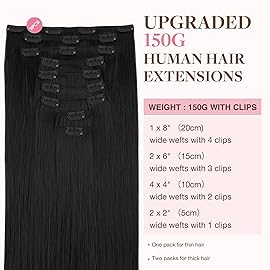 GOO GOO Clip in Hair Extensions Real Human Hair, Remy Human Hair Extensions Clip ins for Women, Natural Human Hair, 20inch 150g 9Pcs, 1 Jet black