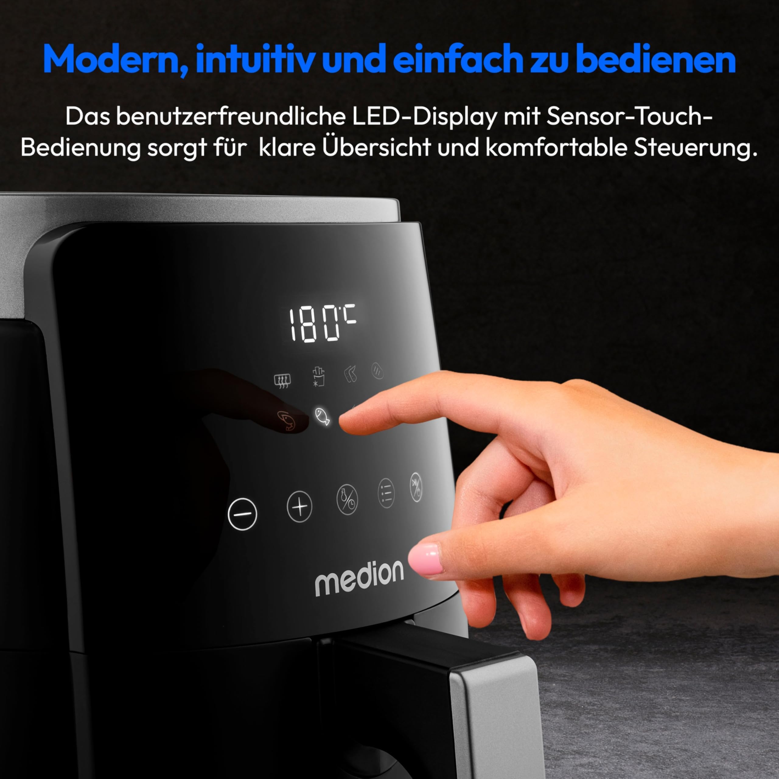 MEDION P40 L Heißluftfritteuse (4,7 Liter, Airfryer, 1500 Watt, einfache Bedienung, ölfreies Frittieren, 60 Min Timer, bis zu 200° C, Antihaft-Beschichtung, MD13030) schwarz