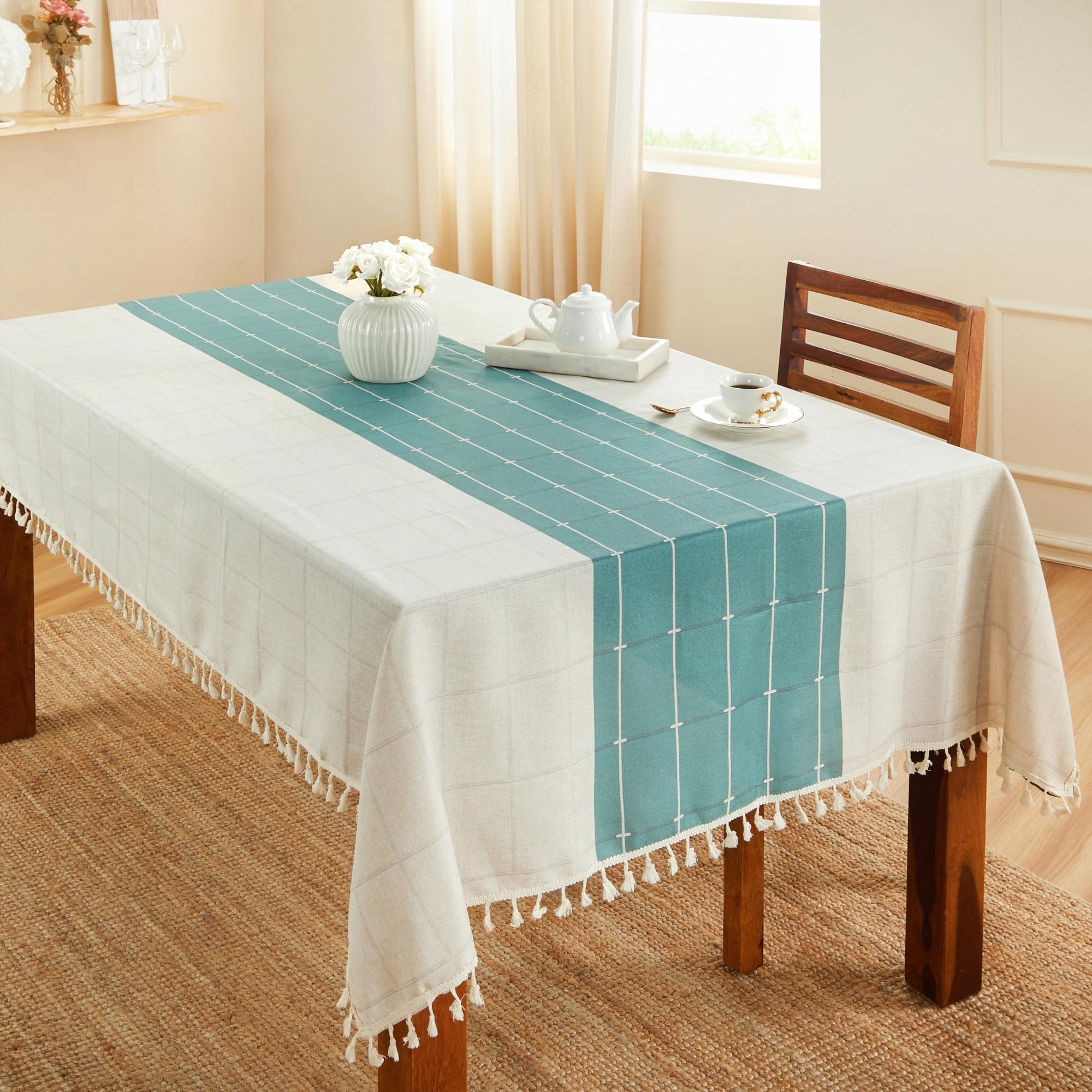 Amazon Basics Tablecloth for Dining Table Cover, Microfiber Fabric Rectangle Tablecloth, 40x60 Inches 4 Seater (Teal Floral, 4 Seater)-image-4