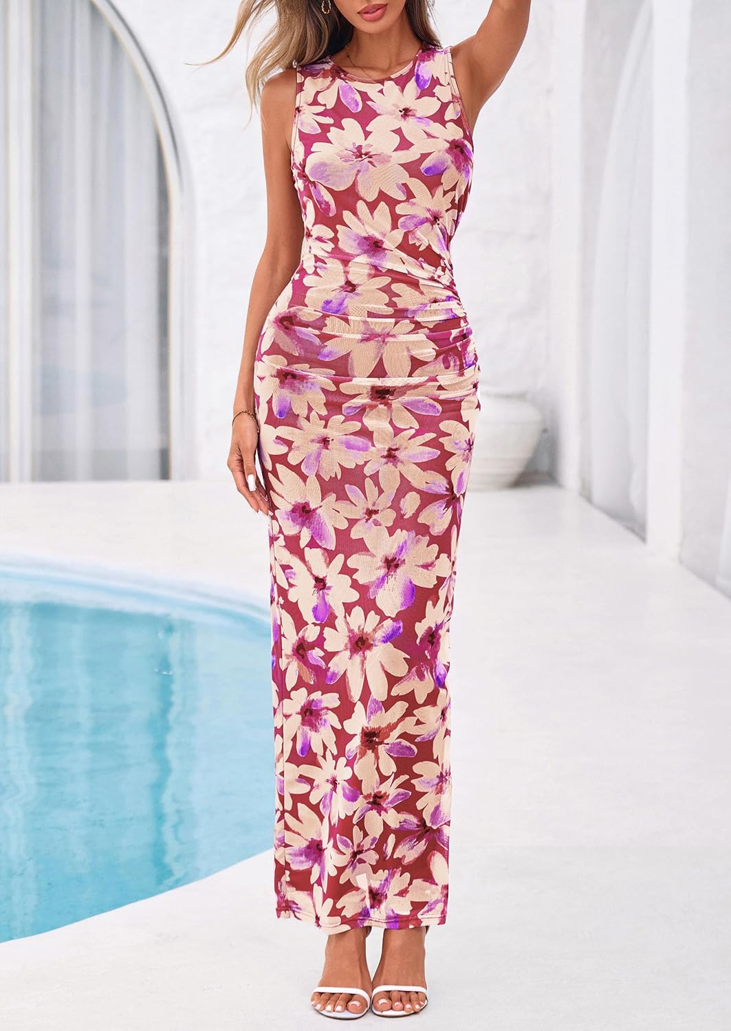 PRETTYGARDEN Womens Summer Wedding Guest Dress 2026 Spring Mesh Sleeveless Bodycon Ruched Floral Holiday Maxi Long Dresses