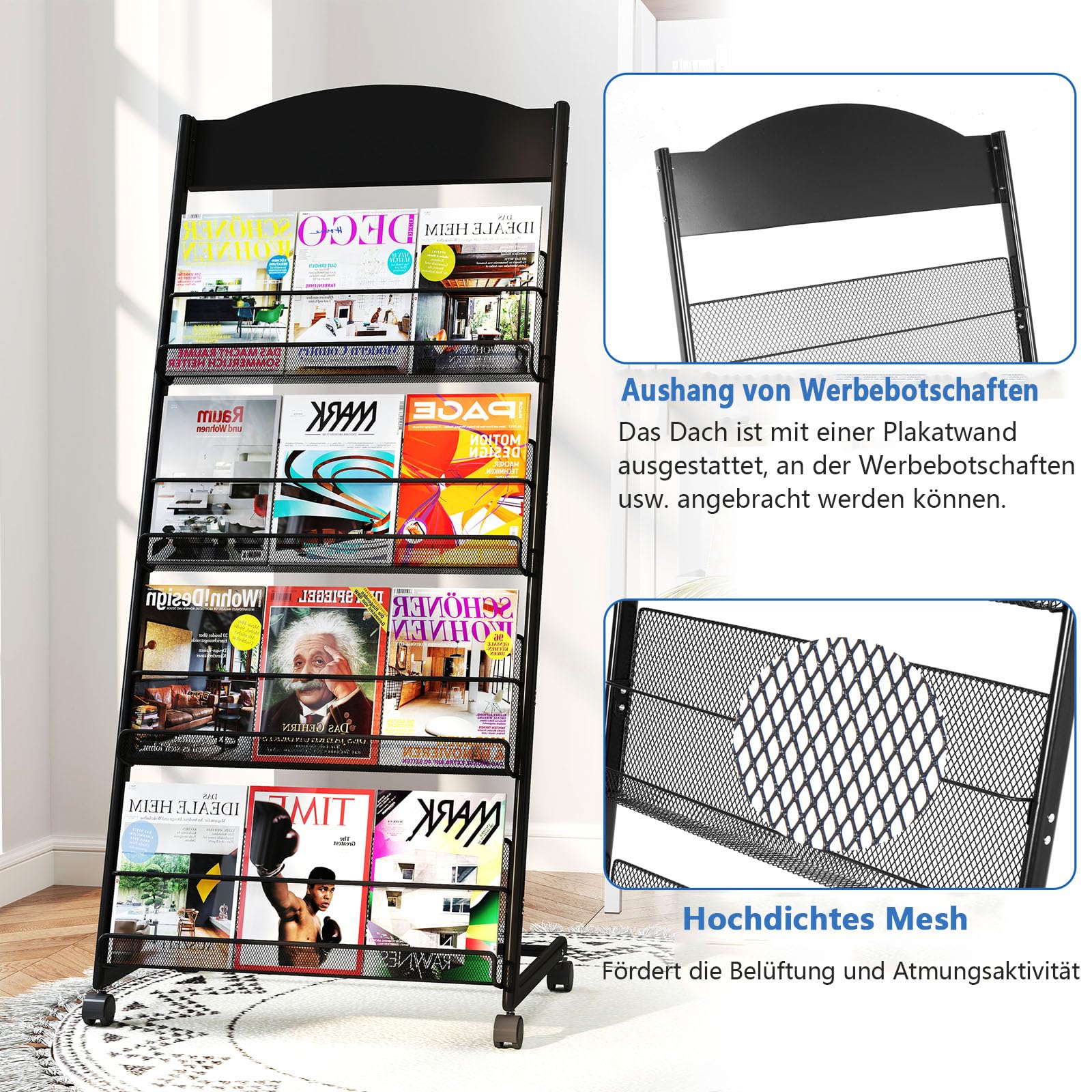 4-stufiger Prospektständer Bodenstehender, Metall Zeitungsständer mit 4-Rädern, Zeitschriftenständer A4 Stehend Flyerständer Broschürenständer Katalogständer für öffentlichen Orten