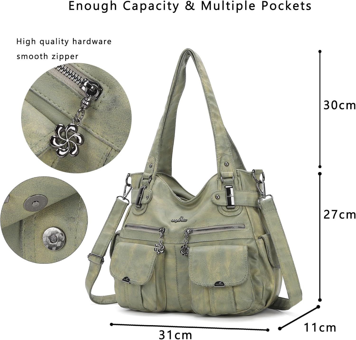 Angel Kiss Women's Designer Handbag Large Double Zipper Multi Pocket Washed Leather Purse - Image 4