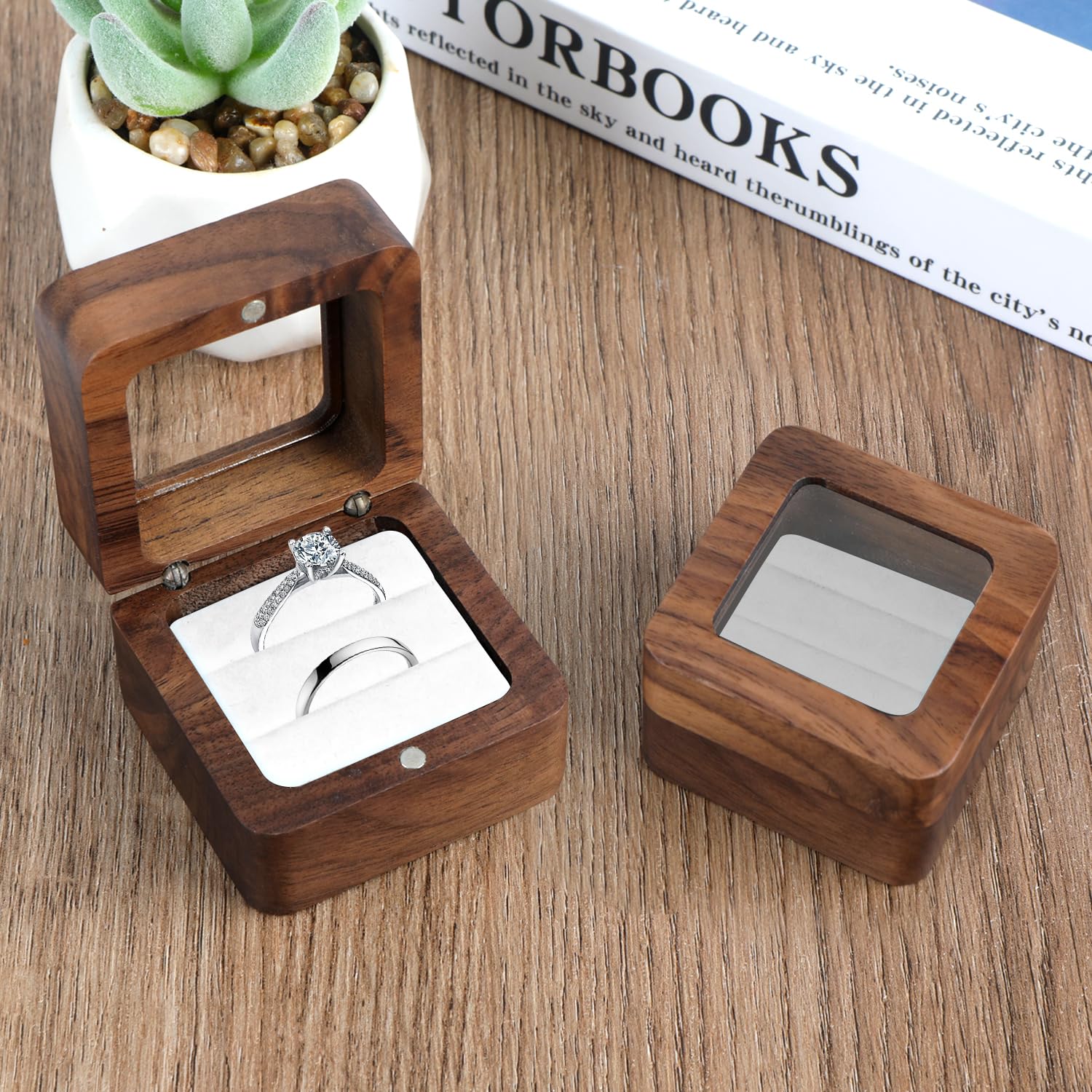 Boîte à Bagues Carrée En Bois De Noyer Avec Fenêtre - Écrin Pour Demande En Mariage
