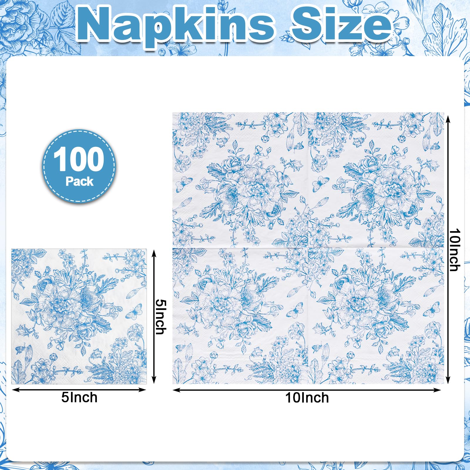 NatNarr 100 servilletas de cóctel florales azules, servilletas azules y blancas, diseño vintage de flores y mariposas, servilletas de postre, servilletas azules para baby shower, fiesta de té, fiesta