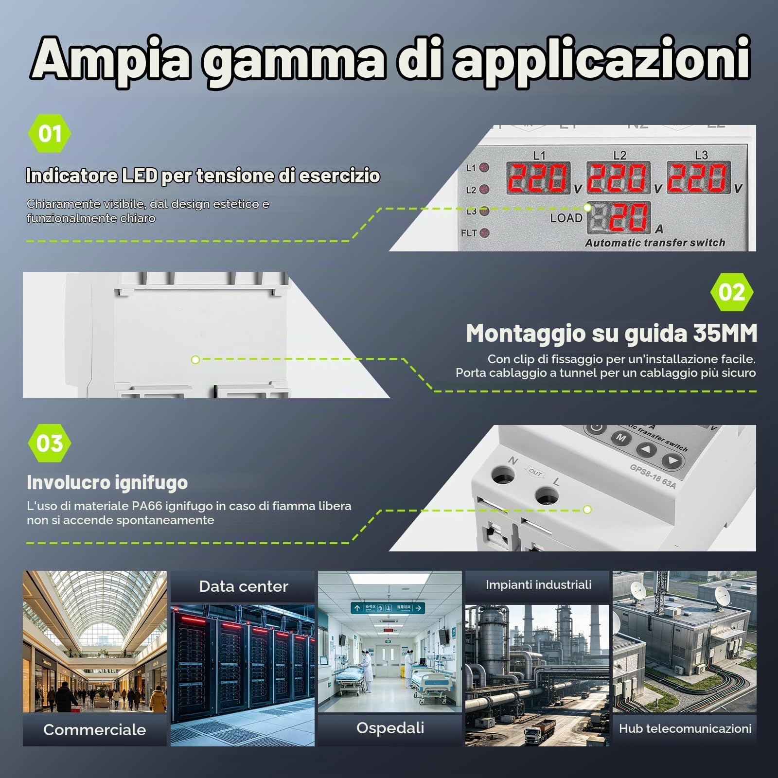 GEYA Interruttore di trasferimento automatico ATS con protezione regolabile da sovratensione, sottotensione e sovracorrente,interruttore ATS a doppia alimentazione(GPS8-17,63A-220V)