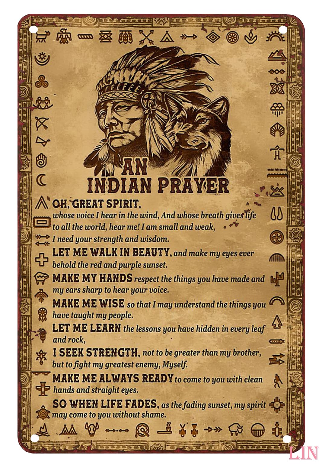 Metal Decor for Outside Native American Indian Prayer Wall Art Metal Signs Vintage Room Decor Aesthetic Wall Art Tin Sign Gift for Garage Bathroom Living Room Man Cave Bar 8x12 inch