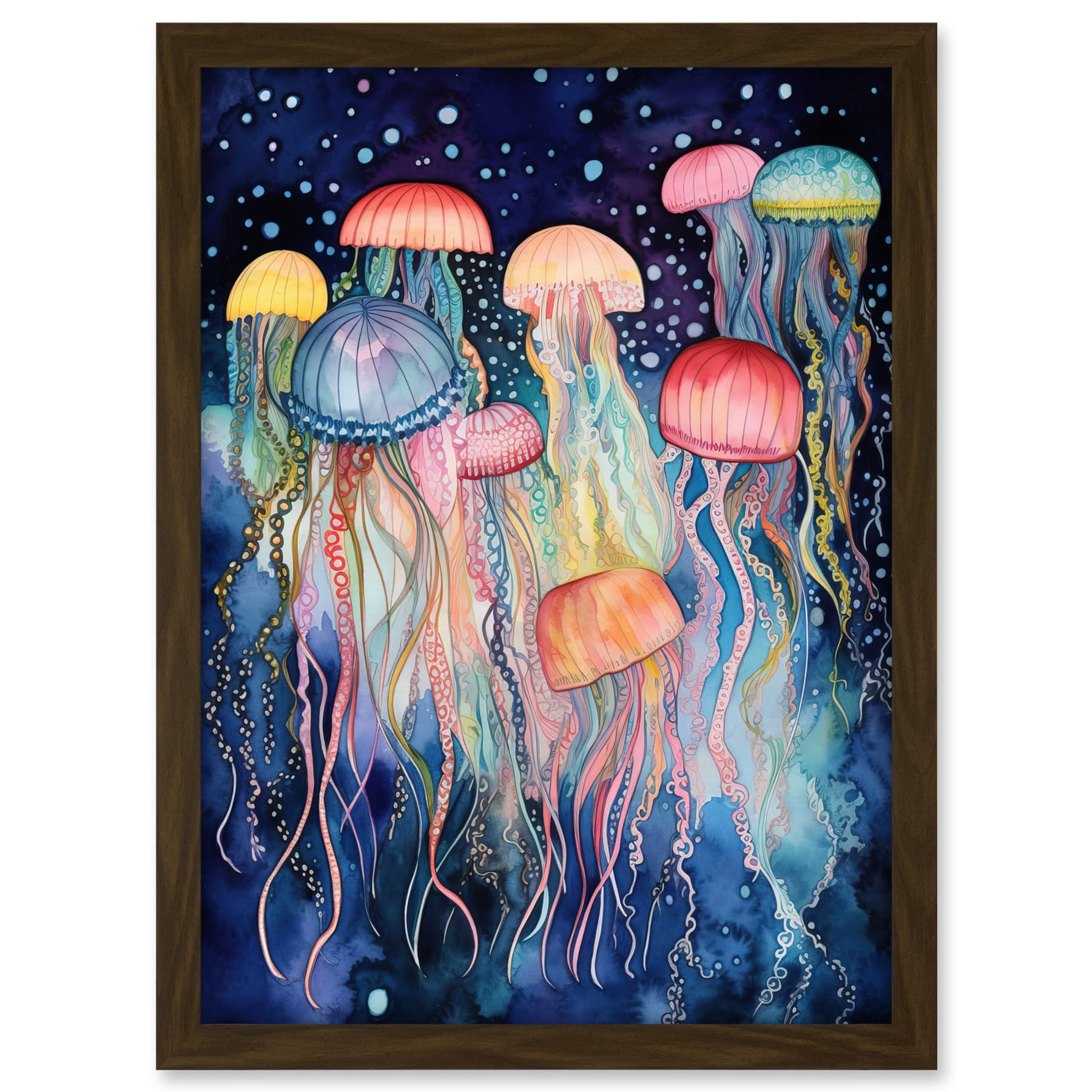 Artery8 Group Of Jellyfish Multicoloured Folk Art Watercolour Painting Artwork Framed A3 Wall Art Print