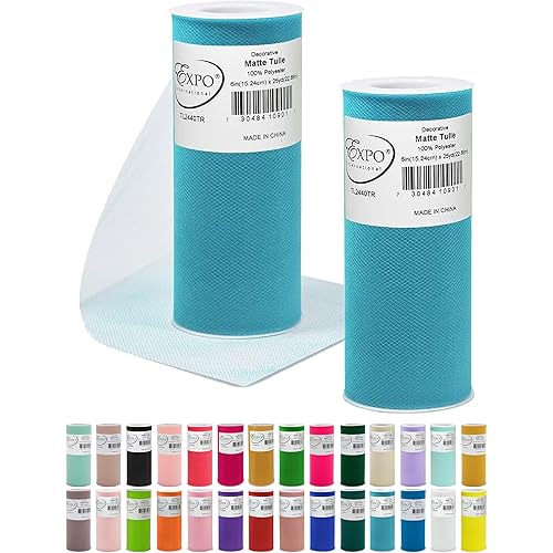 Expo International Decorative Matte Tulle, Lightweight Polyester Tulle Fabric for Tutus, Costumes, and Party Decorations, Washable, Easy-to-Use, 6 Inch x 25 Yards, Turquoise, Pack of 2