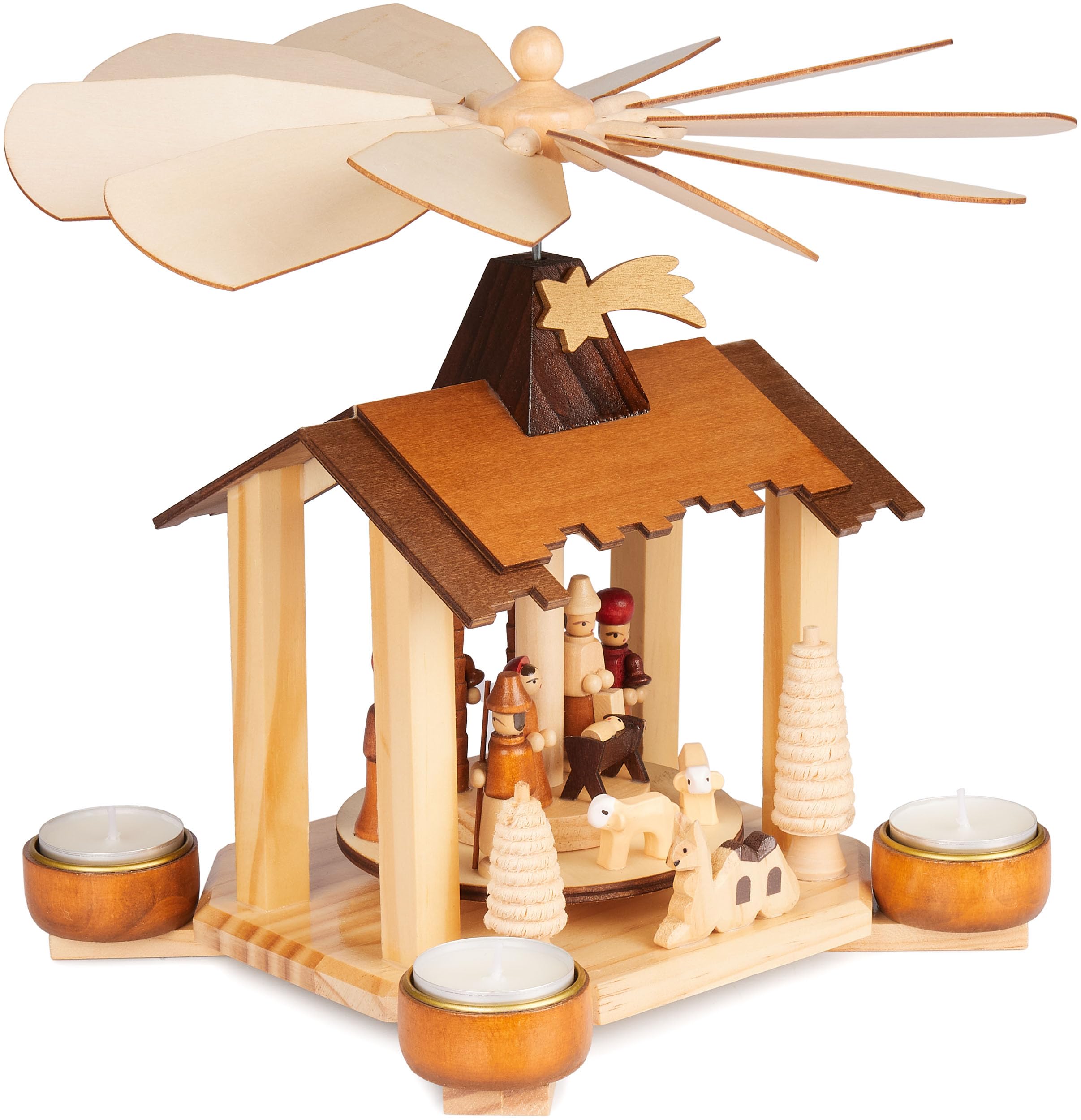 BRUBAKER Pirámide Navideña de Madera - 28 cm Estructura Artesanal con Jesús, María, José y la Estrella de Belén - Belén con 4 Luces para Las Fiestas - Pintado a Mano
