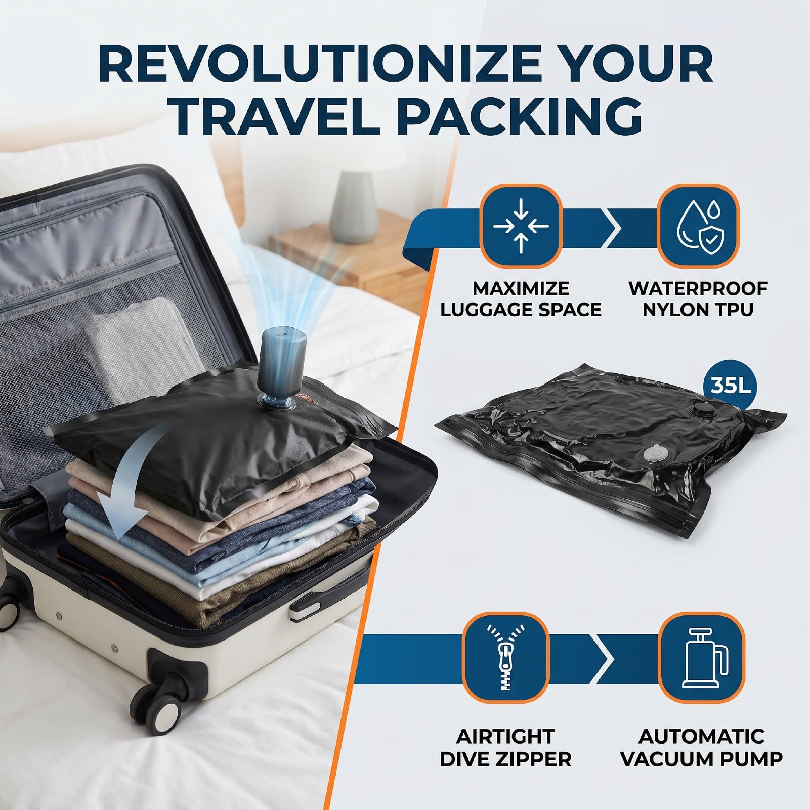 Ejoyous Sacco a Compressione Sottovuoto, Borsa da Viaggio in TPU e Nylon 210D da 35 Litri con Valvola Unidirezionale, Cerniera IP67, Organizer per Bagagli Riutilizzabile per Viaggi, Campeggio, (GREY)