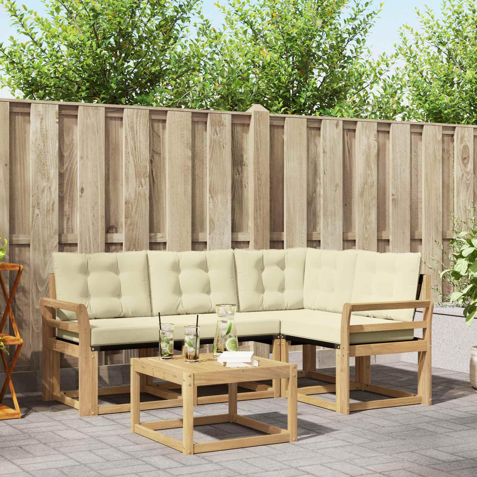 Outdoor-Sofagarnitur mit Kissen 5-teilig Weiß Creme aus massivem Akazienholz und Textilene für Garten Terrasse mit Tisch und Sitzgruppe für komfortable Einrichtung im Freien