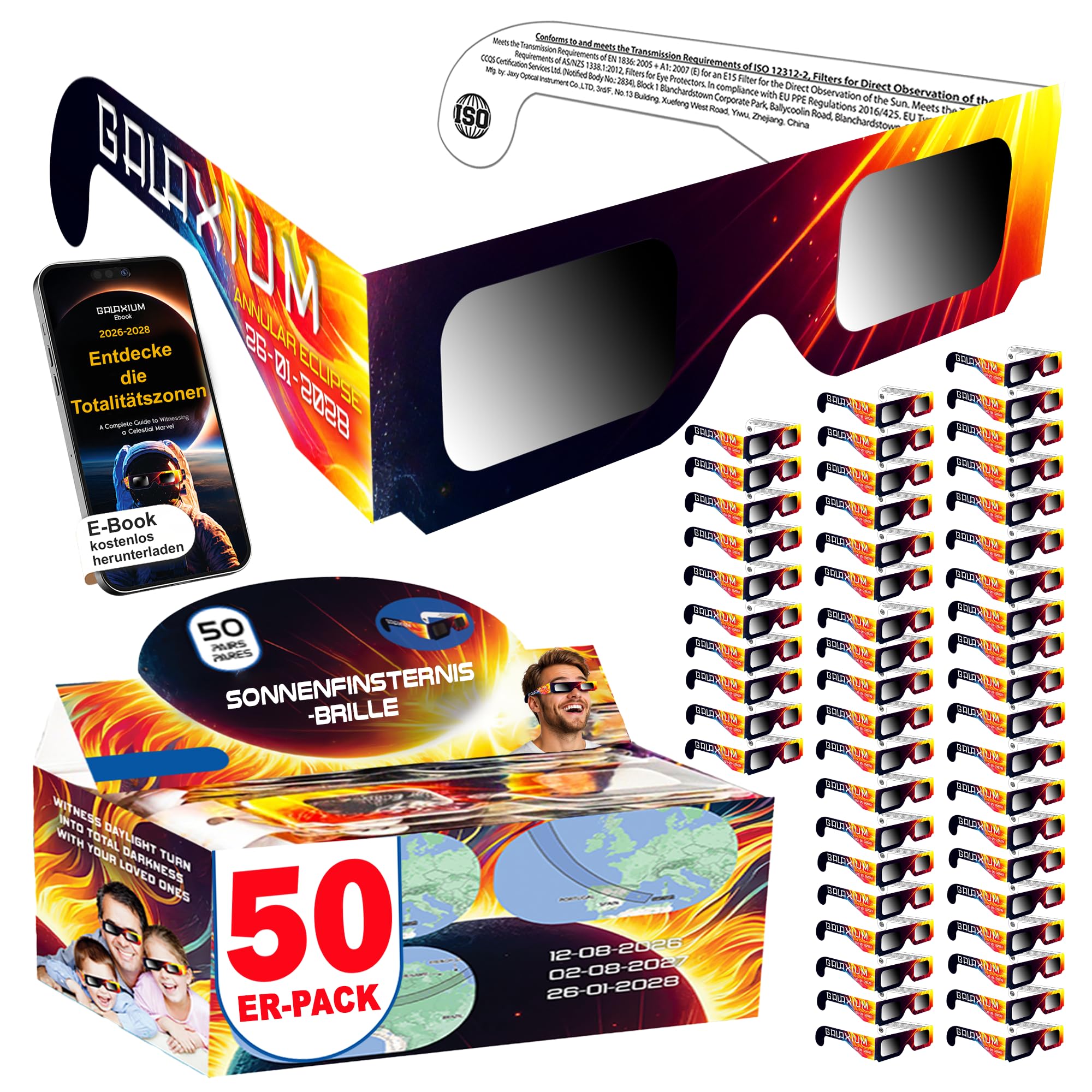 Galaxium 6/12/25/50/100er Pack Sonnenfinsternis Brille ISO 12312-2