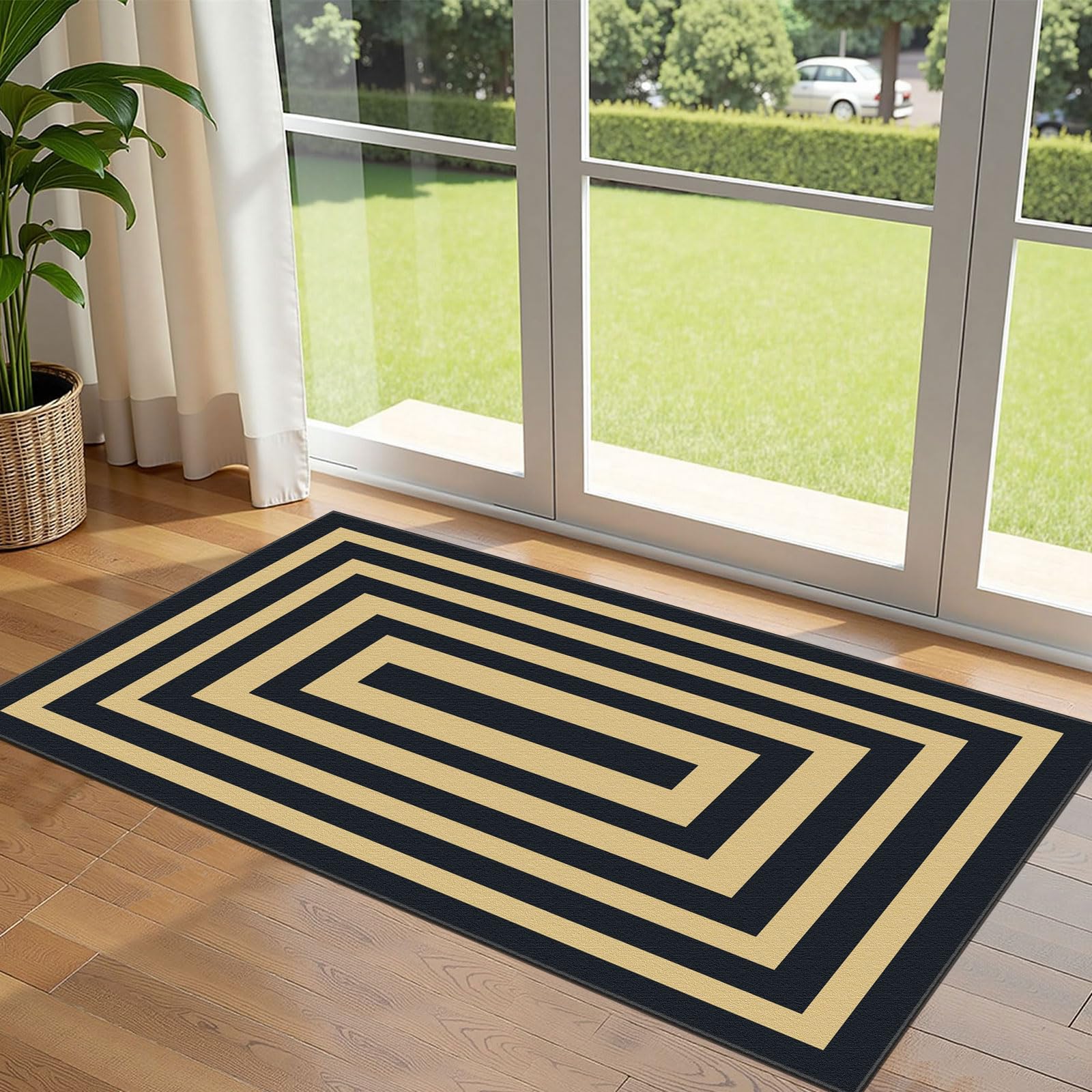 Othilic Front Door Mat Indoor Entrance - 2x4.3 Ft Modern Washable Layered Doormat Outdoor Entrance Porch Rug Non-Slip Black Tan Geometric Border Runner Rug for Kitchen Bedroom Laundry Room Porch Decor
