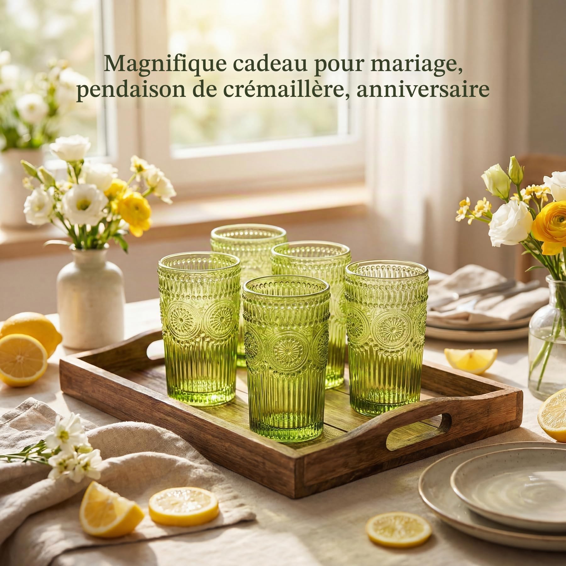 Kingrol Lot de 6 verres à eau vintage de 350 ml en relief romantique pour jus, boissons, bière, cocktails (vert)