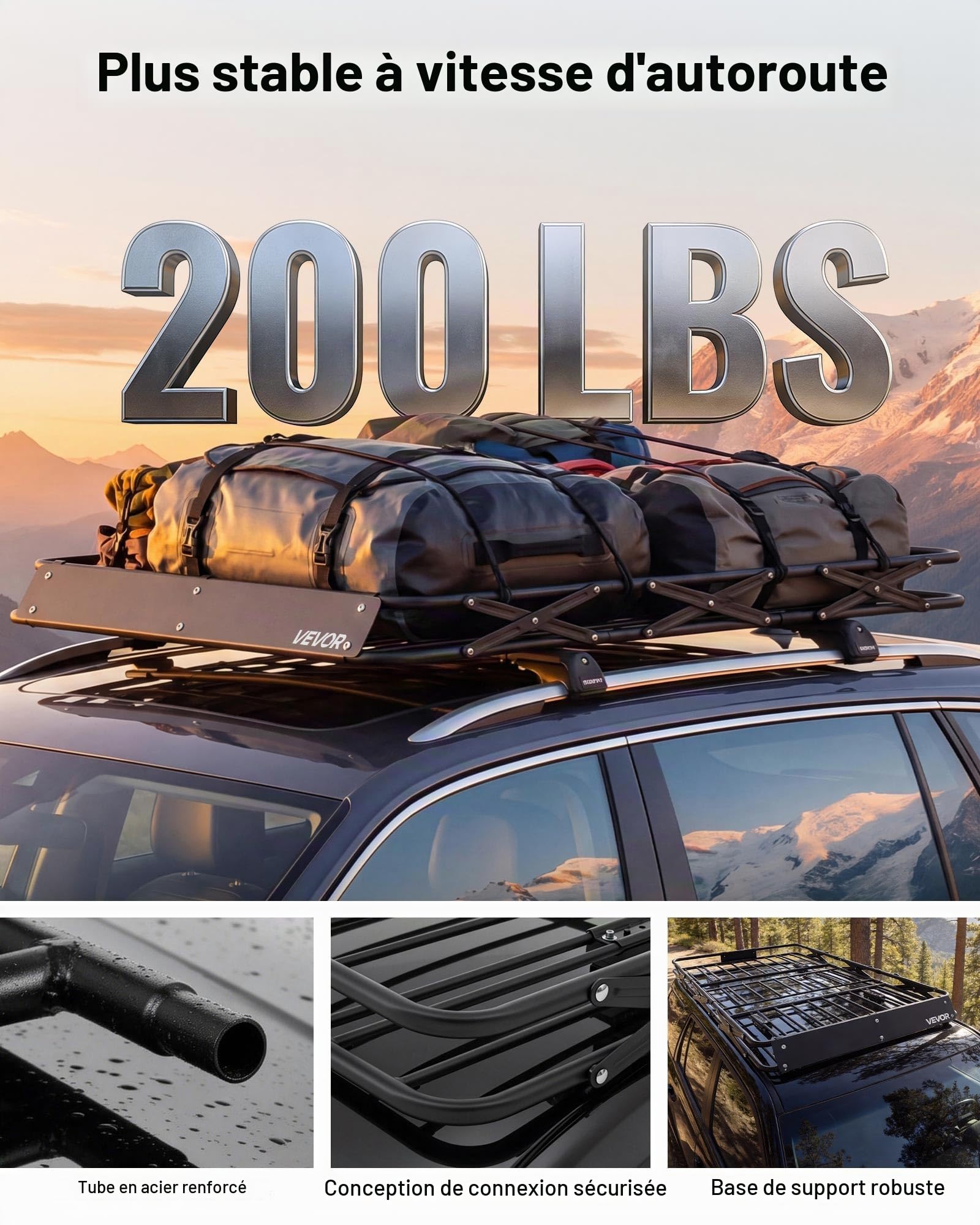 VEVOR Panier de Toit pour Voiture, 1626x990x102 mm, Porte Bagage Voiture, Cadre en Forme X Pliable, Capacité de 90,72 kg, Galerie de Toit Universelle pour SUV, Camionnette, pour Toutes Saisons