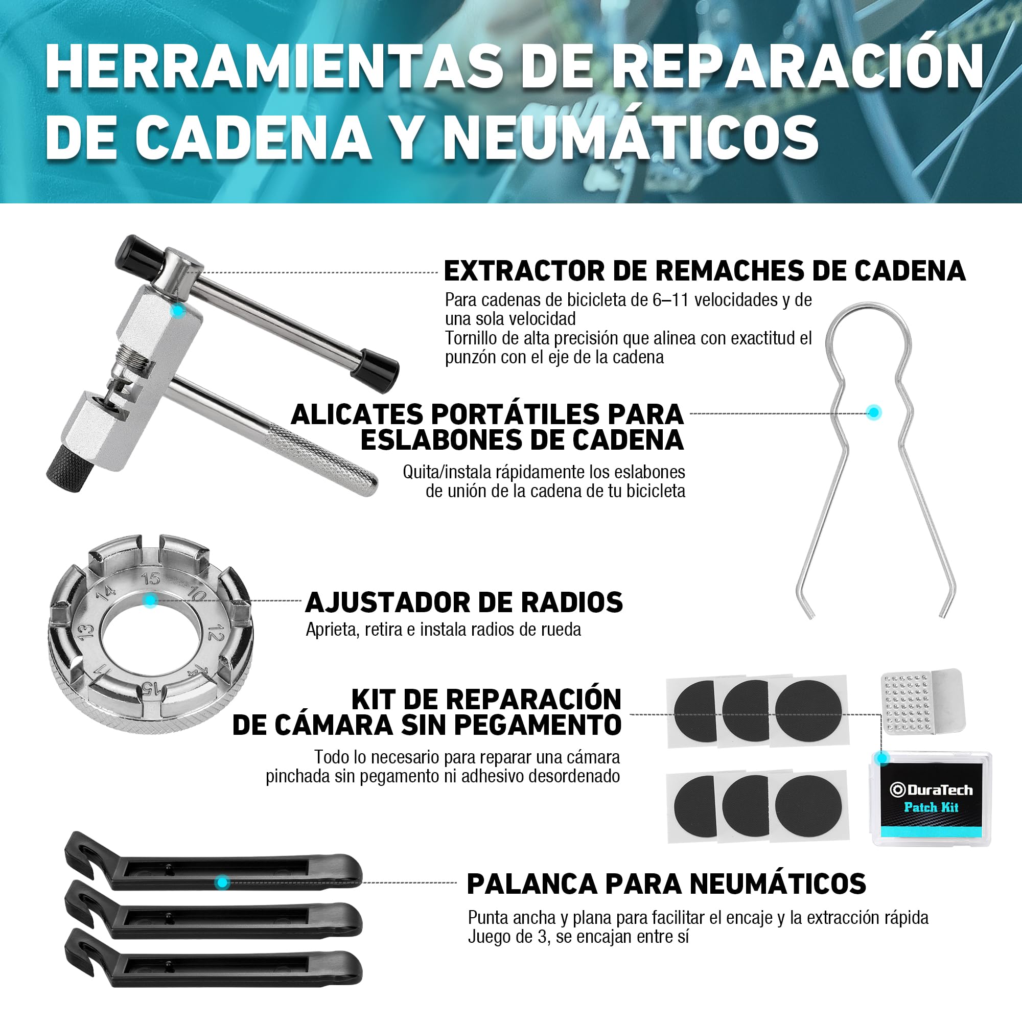 DURATECH 31 Piezas Juego de Reparación de Bicicleta, Maletín de Herramientas para Bicicleta, Herramientas de Neumáticos y Cadenas, Extracción de Pedales del Eje Central, para Reparar Bicicleta