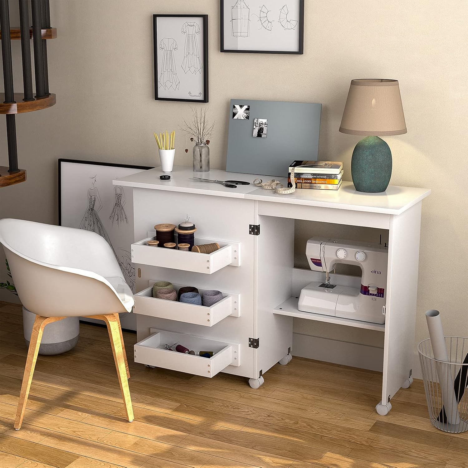 Albott Sewing Table with Storage, Foldable Sewing Extension Table Art Craft Desk with Adjustable Shelf Hidden Bins, Cabinet with Lockable Casters, Open/Fold (White)