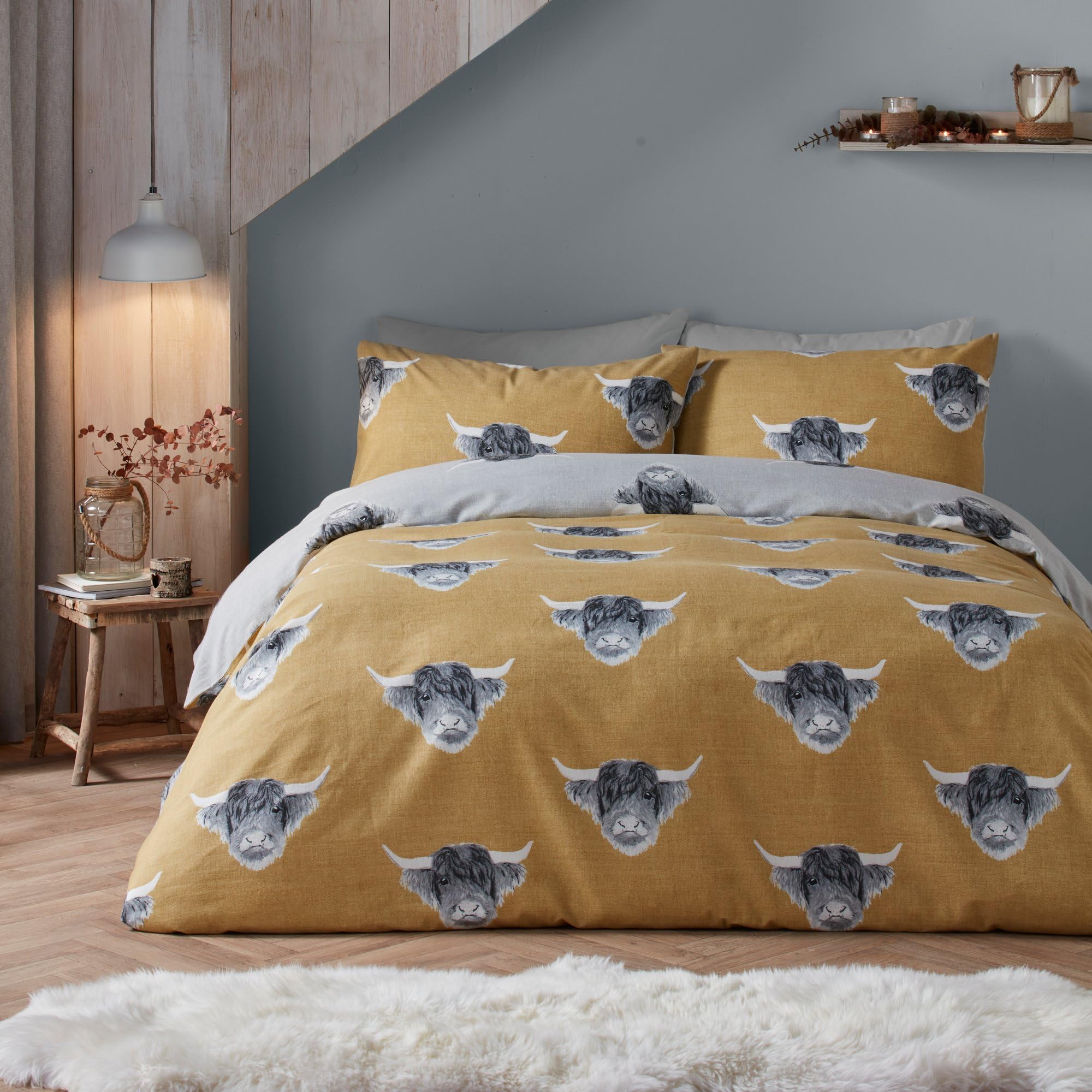 Fusion - Highland Cow Ochre Duvet Cover - Super King Size Bed Linen (260 x 220 cm) - Reversible Design (Ocher and Grey) - Farm Bedding in Mustard Yellow - Highland Cow Gifts โ image 1