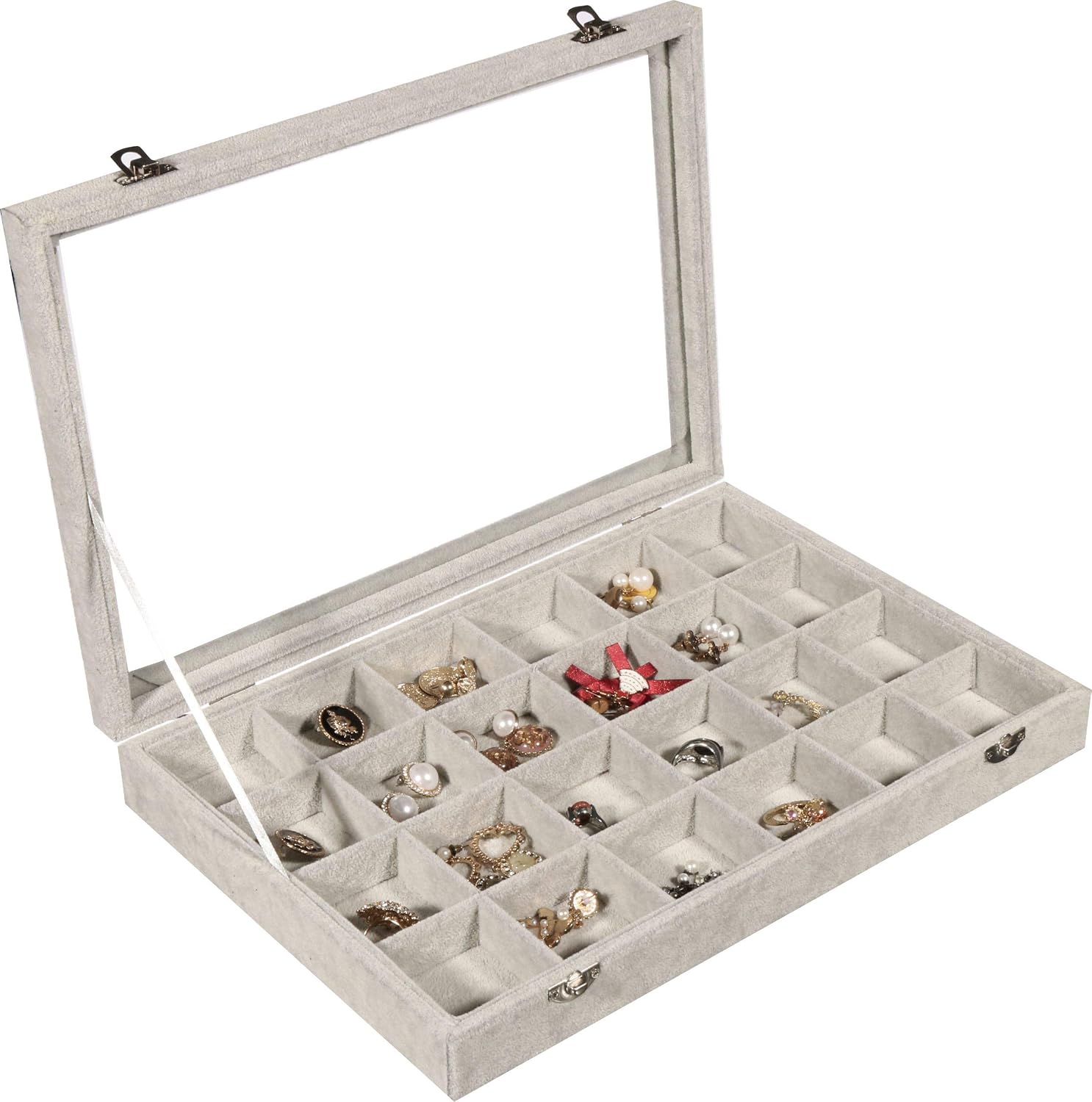 PENGKE 24 Grid Ring holder for jewelry,Velvet Jewelry Tray Organiser with Transparent Lid,Stackable Ring Display Box and Earrings Tray Holder Storage Case,Gray Pack of 1