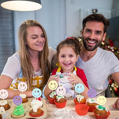 Miniatura 7 de 24 piezas de decoración de cupcakes con cara sonriente preppy rayo estrella Y2k rosa fiesta despedida de soltera cupcake comida para preppy Y2k