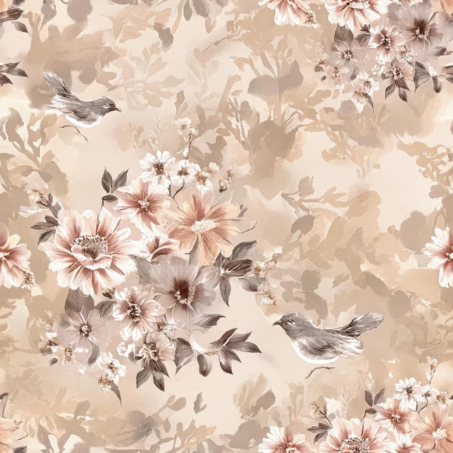 Vintage Damask Peel and Stick Wallpaper, Self Adhesive Removable Vinyl Wall Covering, Beige Floral Bird Pattern, Traditional Style, 17.3" x 118", for Bedroom, Living Room