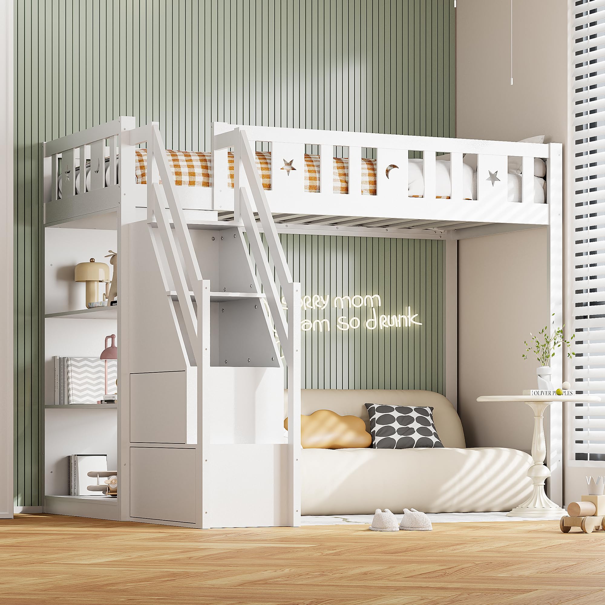 Assembled White Solid Wood Loft Bed with Storage Ladder and Shelves