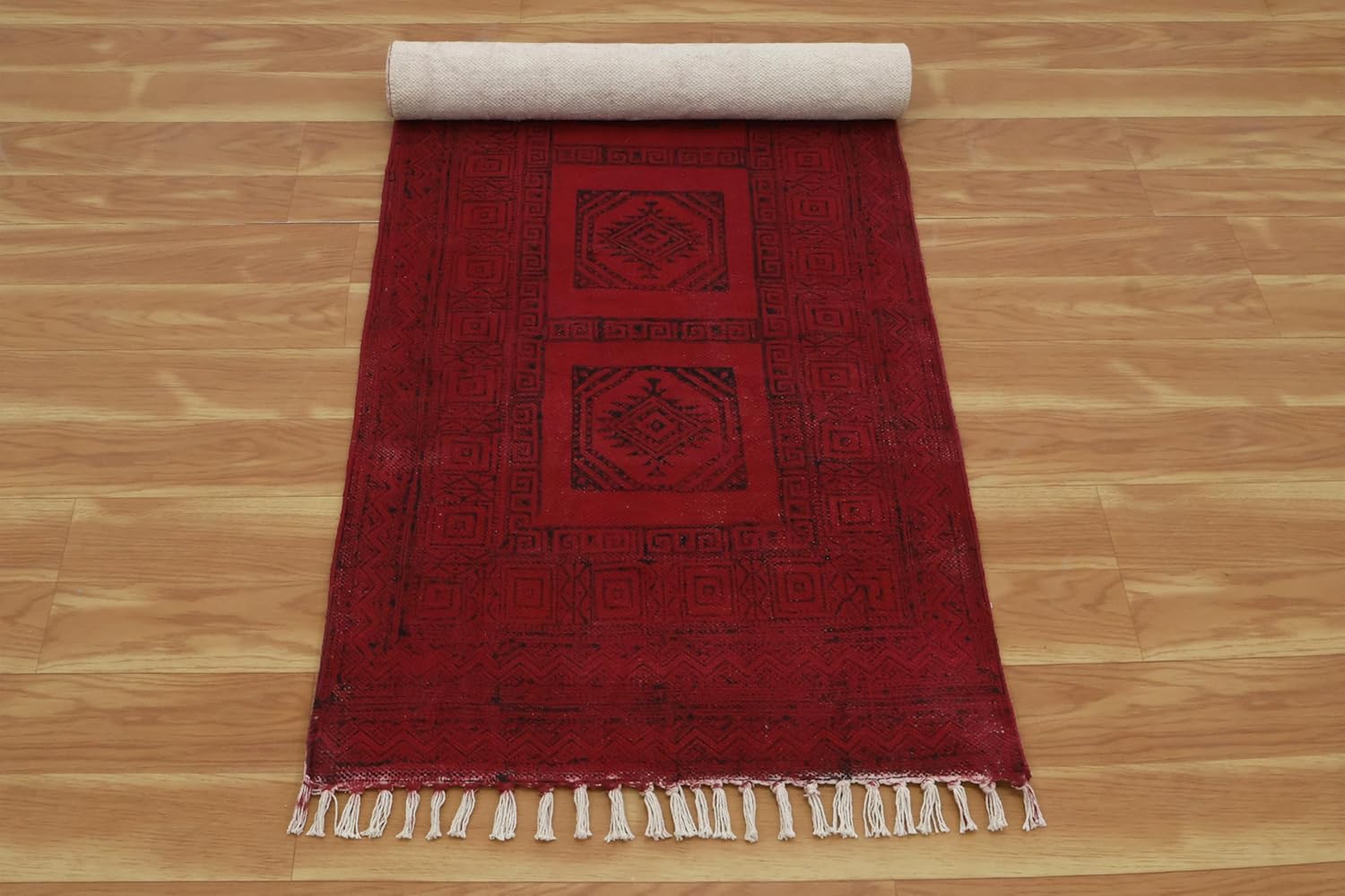 Kilim Runner 6x12 Hand Block Printed Cotton Runner Indoor Outdoor Rug Stone Washable Thick 0.19" Hand Surface Wash Red Flatweave Rugs for Hallway,Staircases,Corridor
