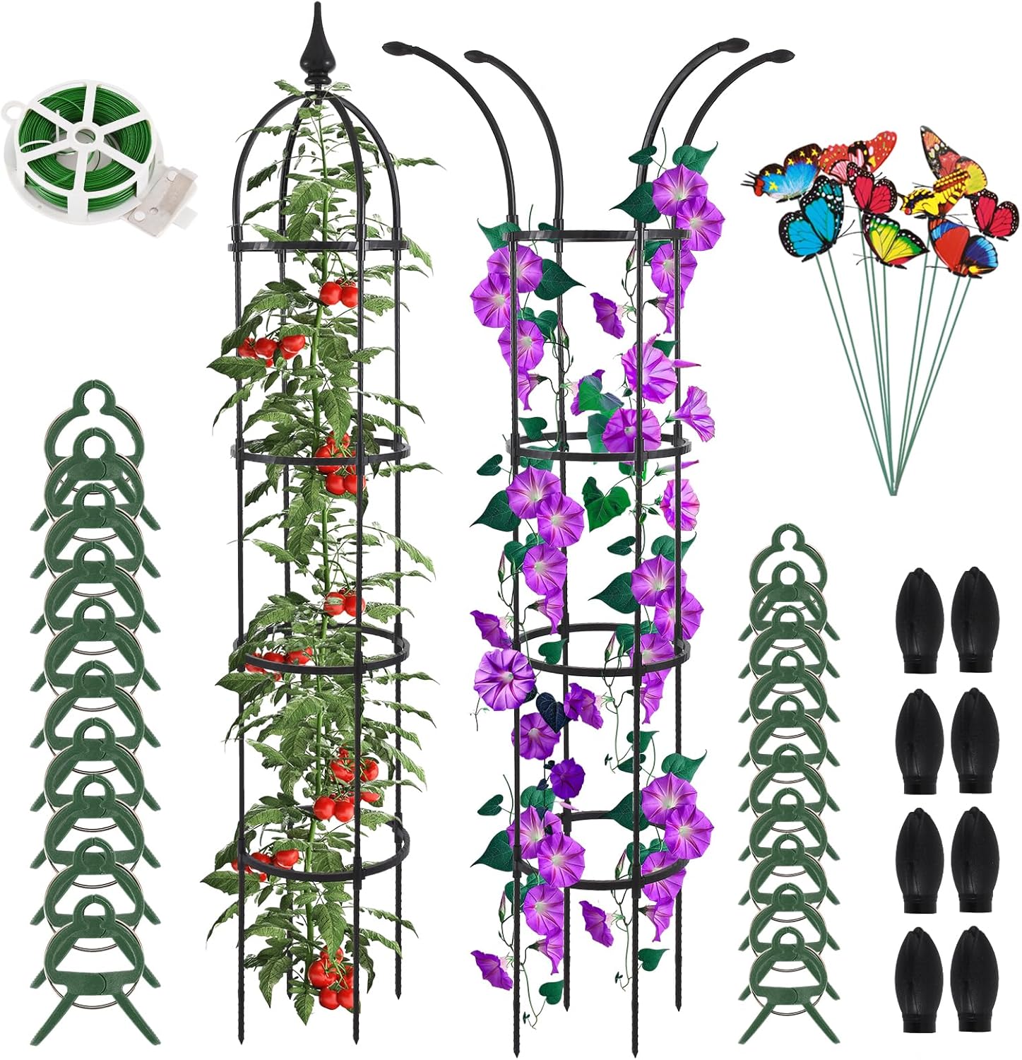 Obelisk Trellis for Climbing Plants Outdoor 6.6ft, Garden Tower Trellis for Potted Plants Indoor with Twist Tie, Clips and Butterflies Rustproof Coated Metal Support for Vines Rose 2Pack
