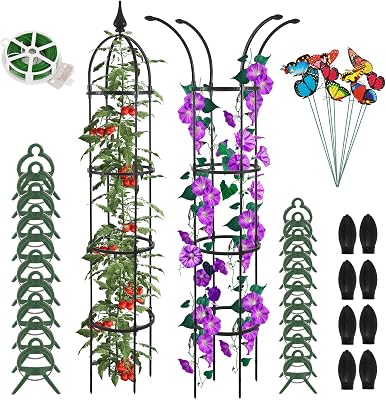 WellSign Obelisk Trellis for Climbing Plants Outdoor 6.6ft, Garden Tower Trellis for Potted Plants Indoor with Twist Tie, Clips and Butterflies Rustproof Coated Metal Support for Vines Rose 2Pack