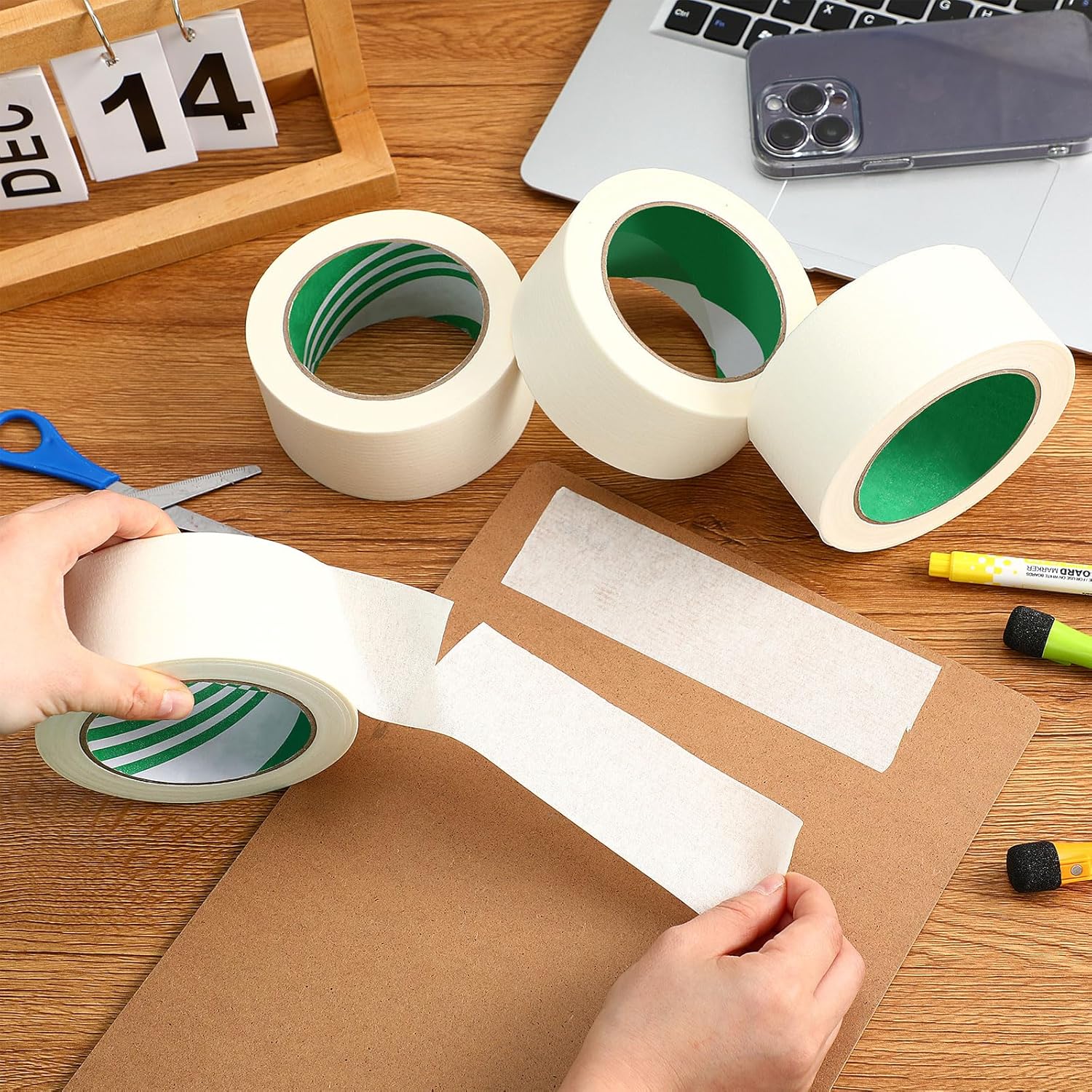 Frienda 12 Rolls Wide Masking Tape 2 Inches x 50 Yards Painters Tape General Purpose Painting Tapes Bulk Easy to Remove for Home School Office Painting Labeling DIY Art and Crafts (Beige White)