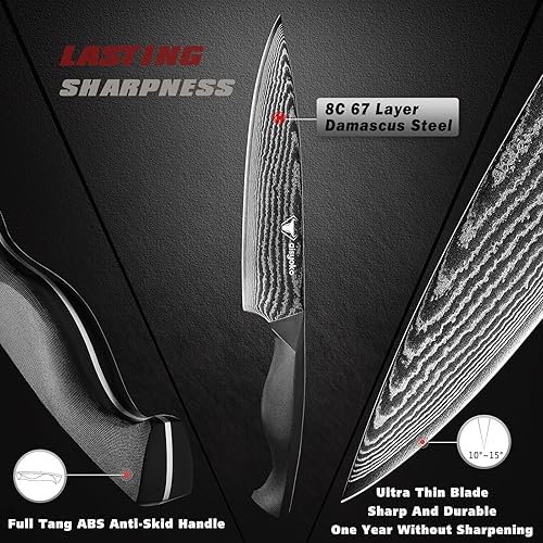 Miniatura 3 de 8C - Juego de cuchillos de damasco, 3 cuchillos de chef, cuchillos de cocina y pelar, acero inoxidable de alto carbono, mango ergonómico de ABS