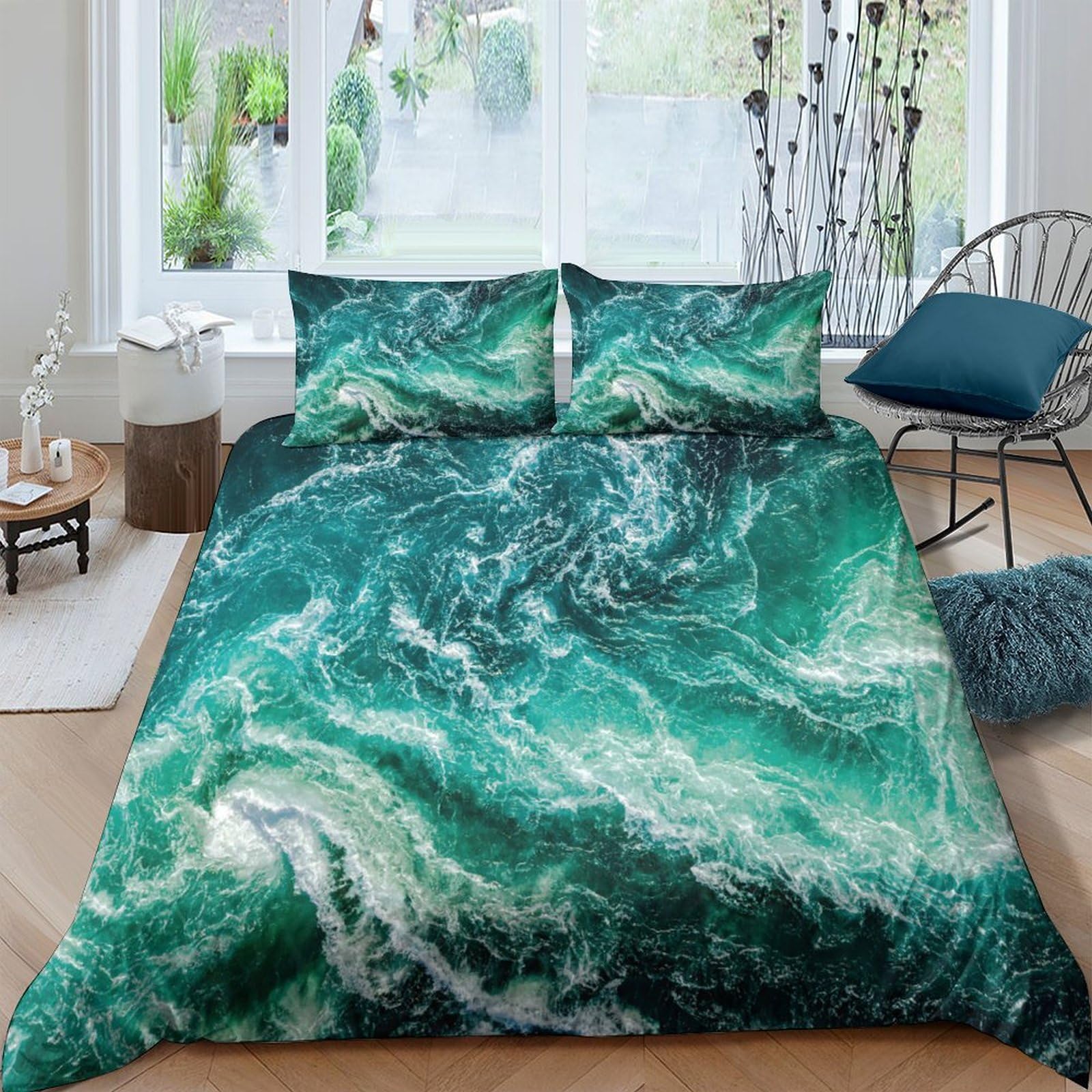 GPLZQXKJNH 3D Printed Ocean Wave Duvet Cover Microfiber Breathable Green Marble Bedding Set with 2 Pillowcases for Bedroom Home Decor Single（135x200cm）