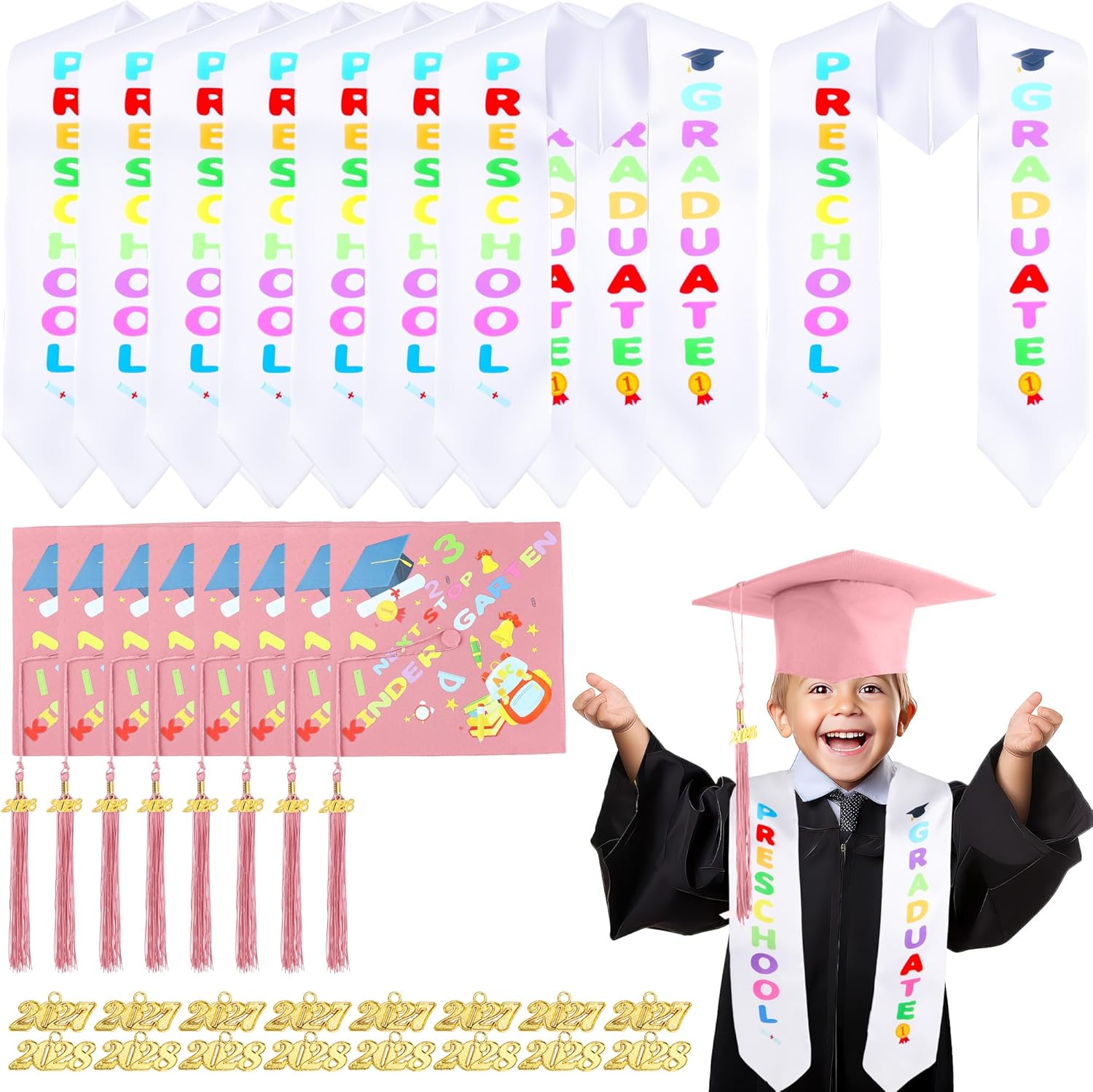Barblog 8 Preschool Graduation Cap with Tassel and 8 pcs Sash Printed Graduation Stoles Kindergarten Graduation Hat for Unisex Graduation (Pink Set)