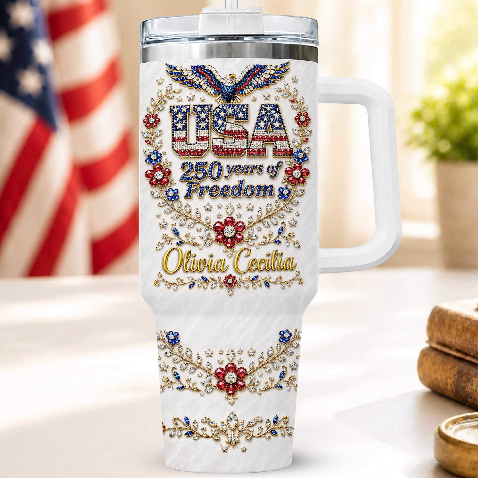 Personalized 250th Anniversary Of America Tumbler - Custom Patriotic USA Flag 1776-2026 Gifts - US Eagle Freedom Cup 40oz A12 - American Independence Celebration Gifts For Men Women